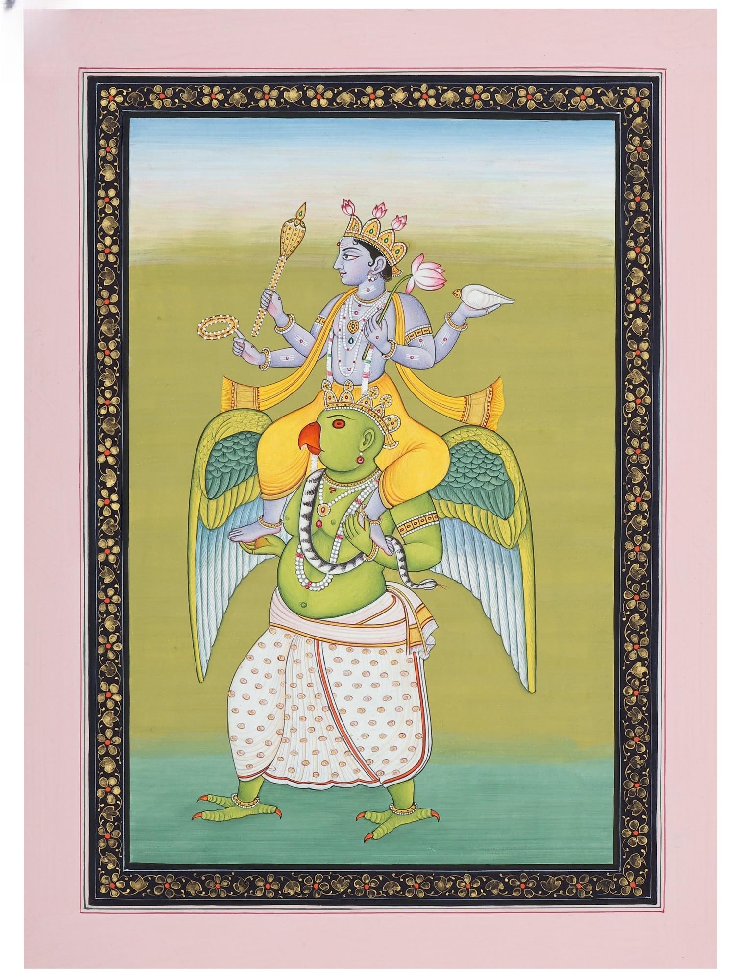 Lord Vishnu Seated on Garuda | Watercolor Painting from Jaipur: Title: Lord Vishnu Seated on Garuda | Watercolor Painting from Jaipur Description: Hindu Gods & Goddesses Painting Reserve: $500.00 Shipping: Domestic: Shipping rates are determined by destination