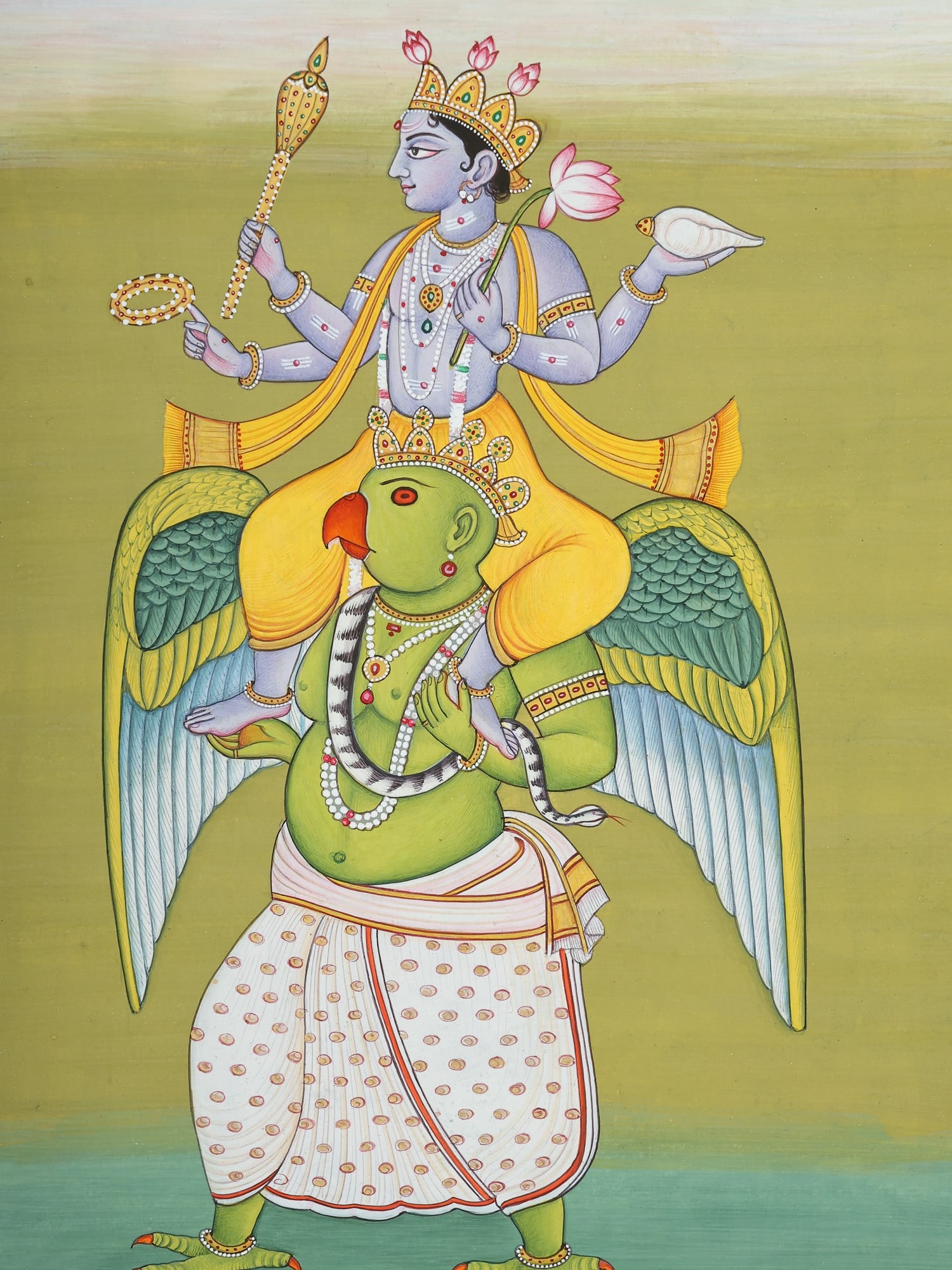 Lord Vishnu Seated on Garuda | Watercolor Painting from Jaipur - 2