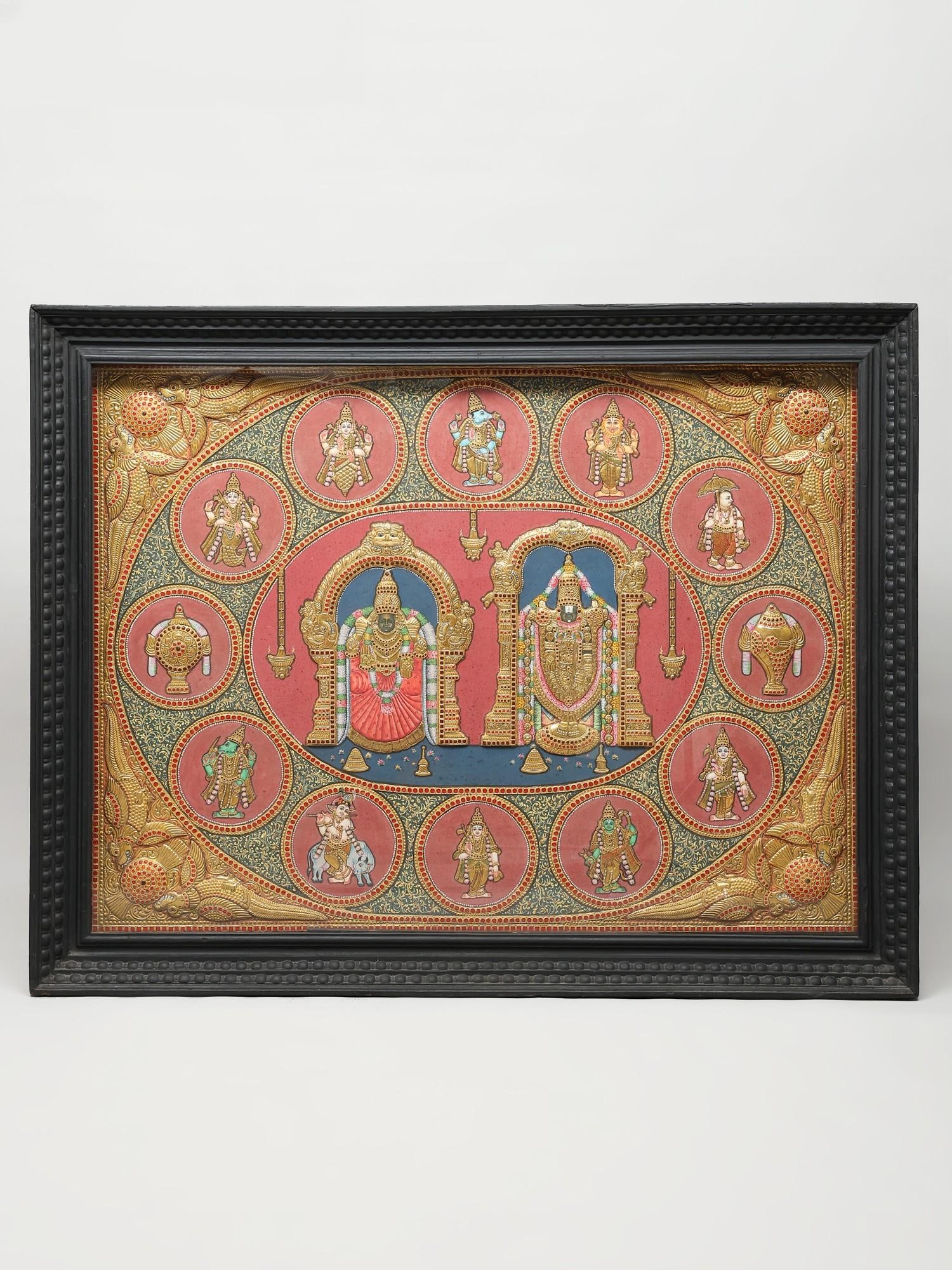 Tirupati Balaji (Venkateshvara) with Goddess Padmavathi and Dashavatara of Lord Vishnu | 24 Karat: Title: Tirupati Balaji (Venkateshvara) with Goddess Padmavathi and Dashavatara of Lord Vishnu | 24 Karat Gold | Framed Tanjore Painting Description: Tanjore (Thanjavur) Painting Reserve: $5,620.00 Shi