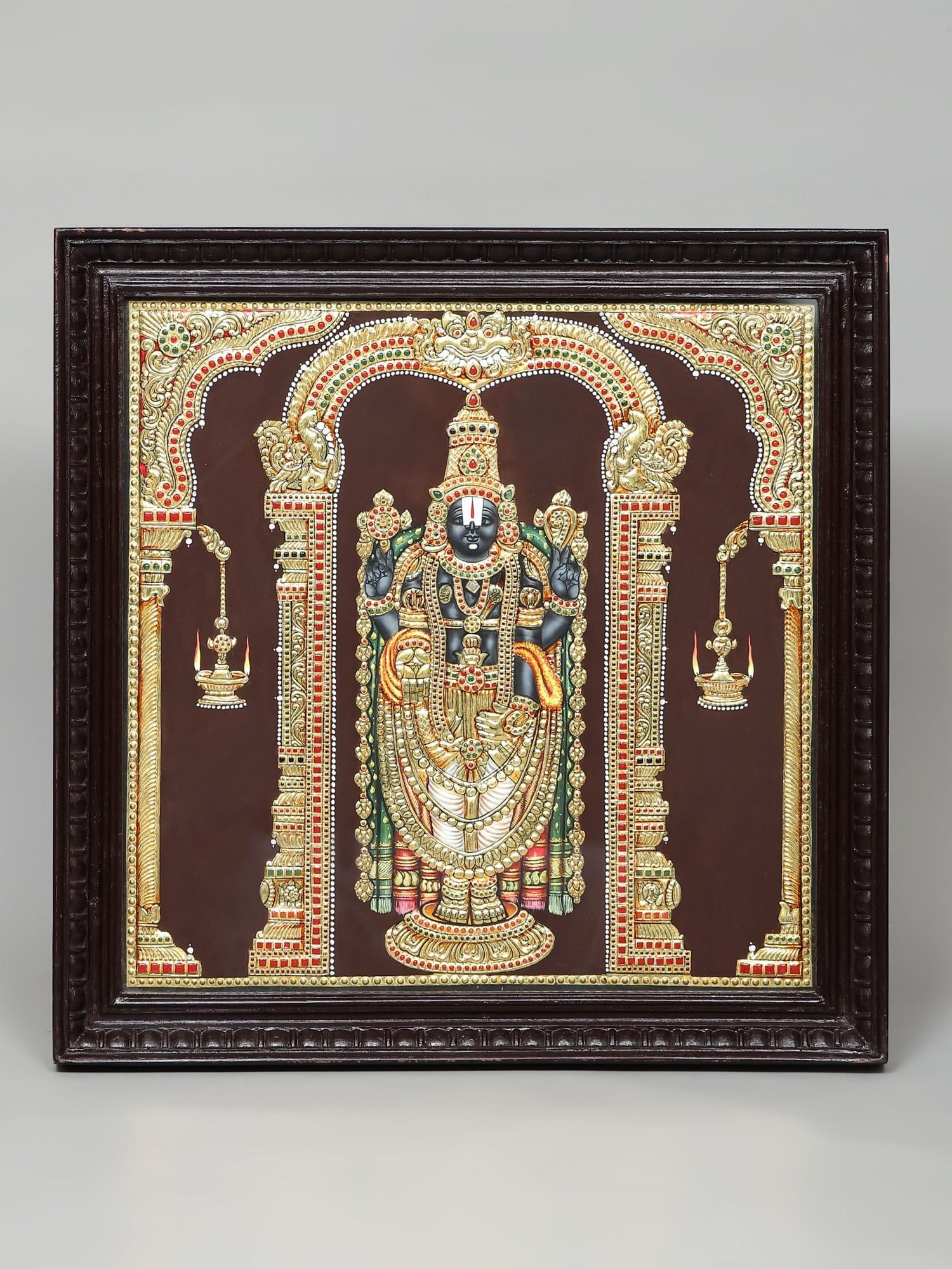 Superfine Tirupati Balaji (Venkateshvara) | 24 Karat Gold Work | Framed Tanjore Painting: Title: Superfine Tirupati Balaji (Venkateshvara) | 24 Karat Gold Work | Framed Tanjore Painting Description: Tanjore (Thanjavur) Painting Reserve: $2,987.00 Shipping: Domestic: Shipping rates are dete
