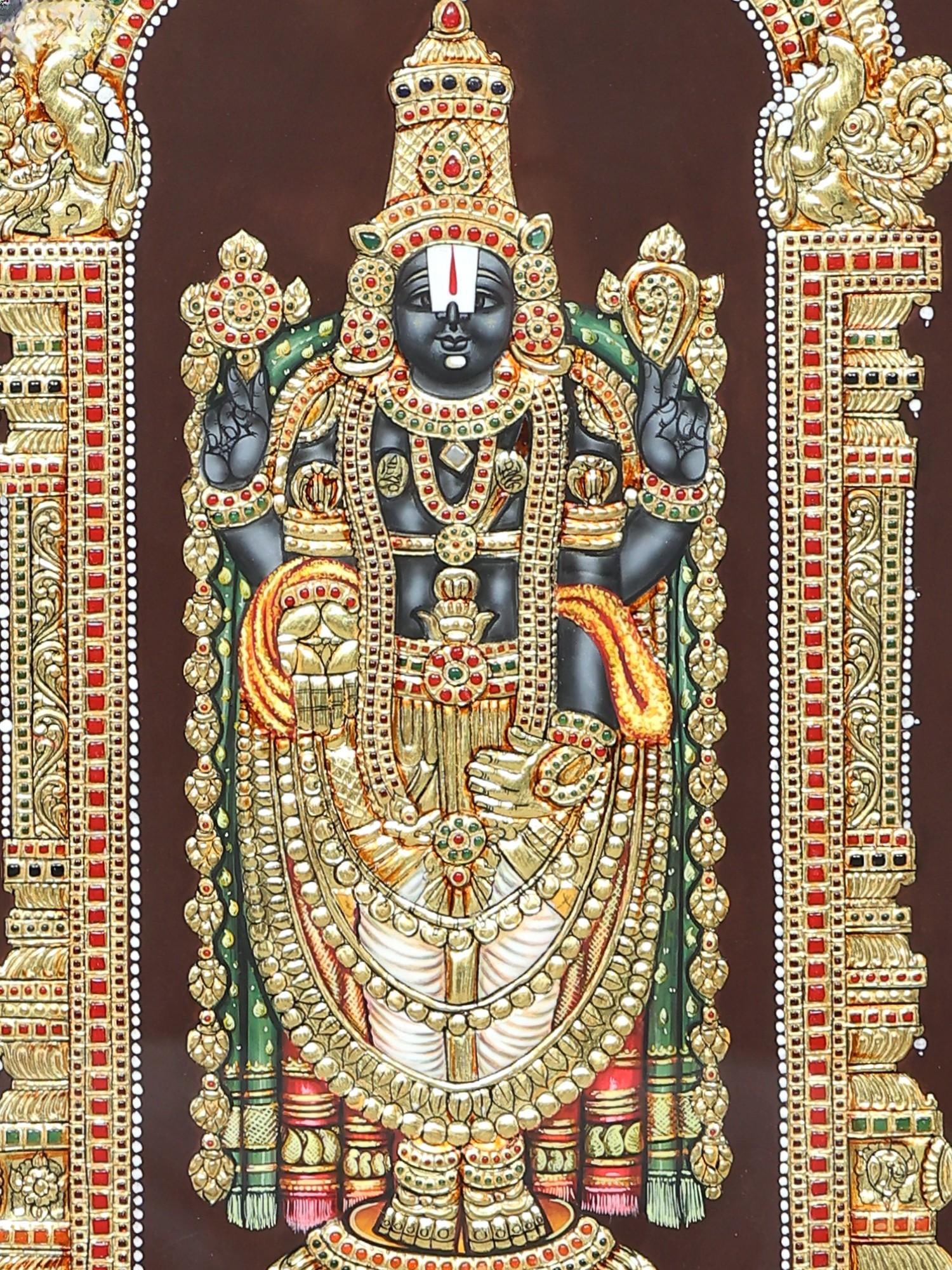 Superfine Tirupati Balaji (Venkateshvara) | 24 Karat Gold Work | Framed Tanjore Painting - 2