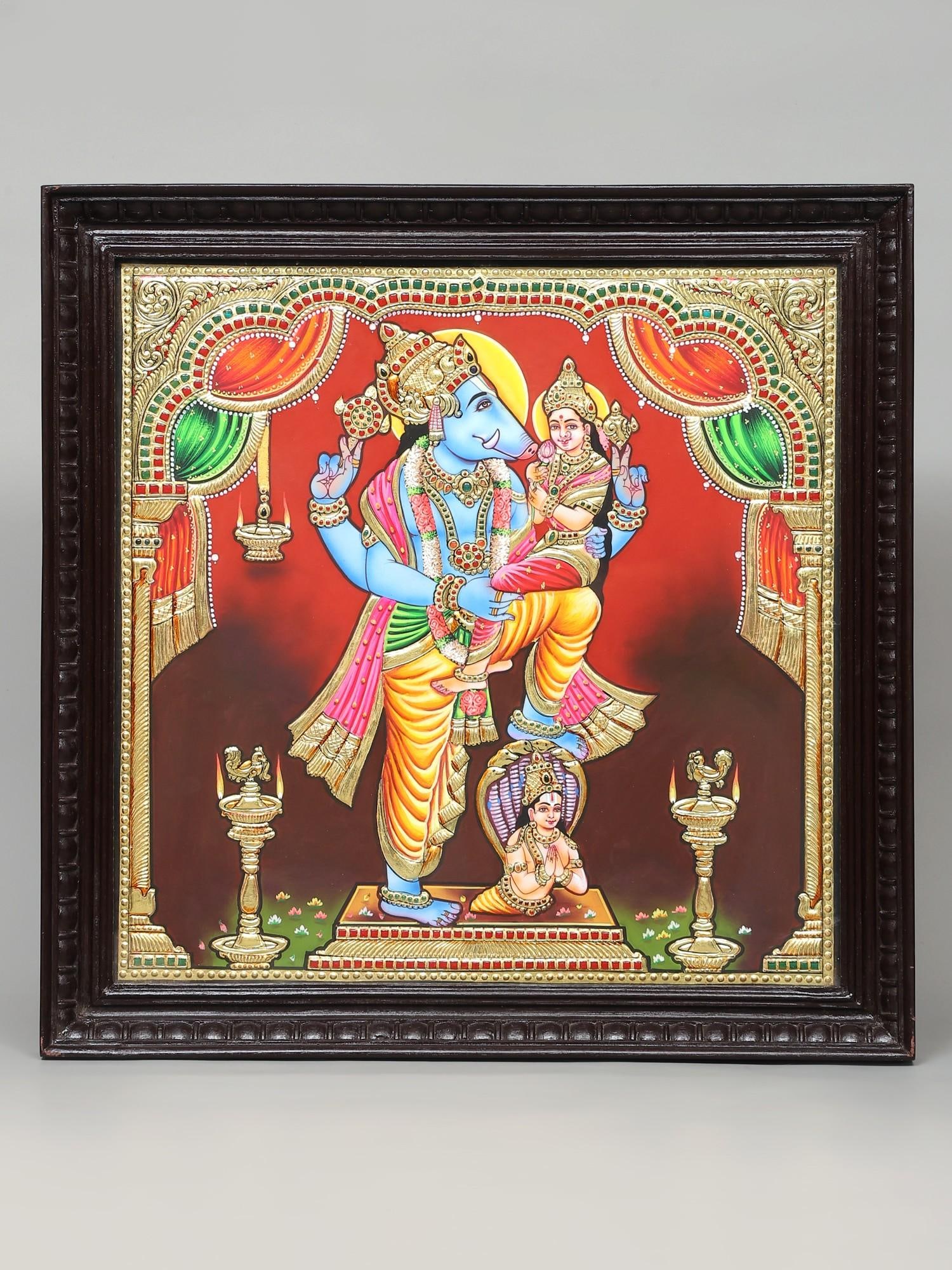 Superfine Lord Varaha with Goddess Lakshmi | 24 Karat Gold Work | Framed Tanjore Painting: Title: Superfine Lord Varaha with Goddess Lakshmi | 24 Karat Gold Work | Framed Tanjore Painting Description: Tanjore (Thanjavur) Painting Reserve: $2,245.00 Shipping: Domestic: Shipping rates are det