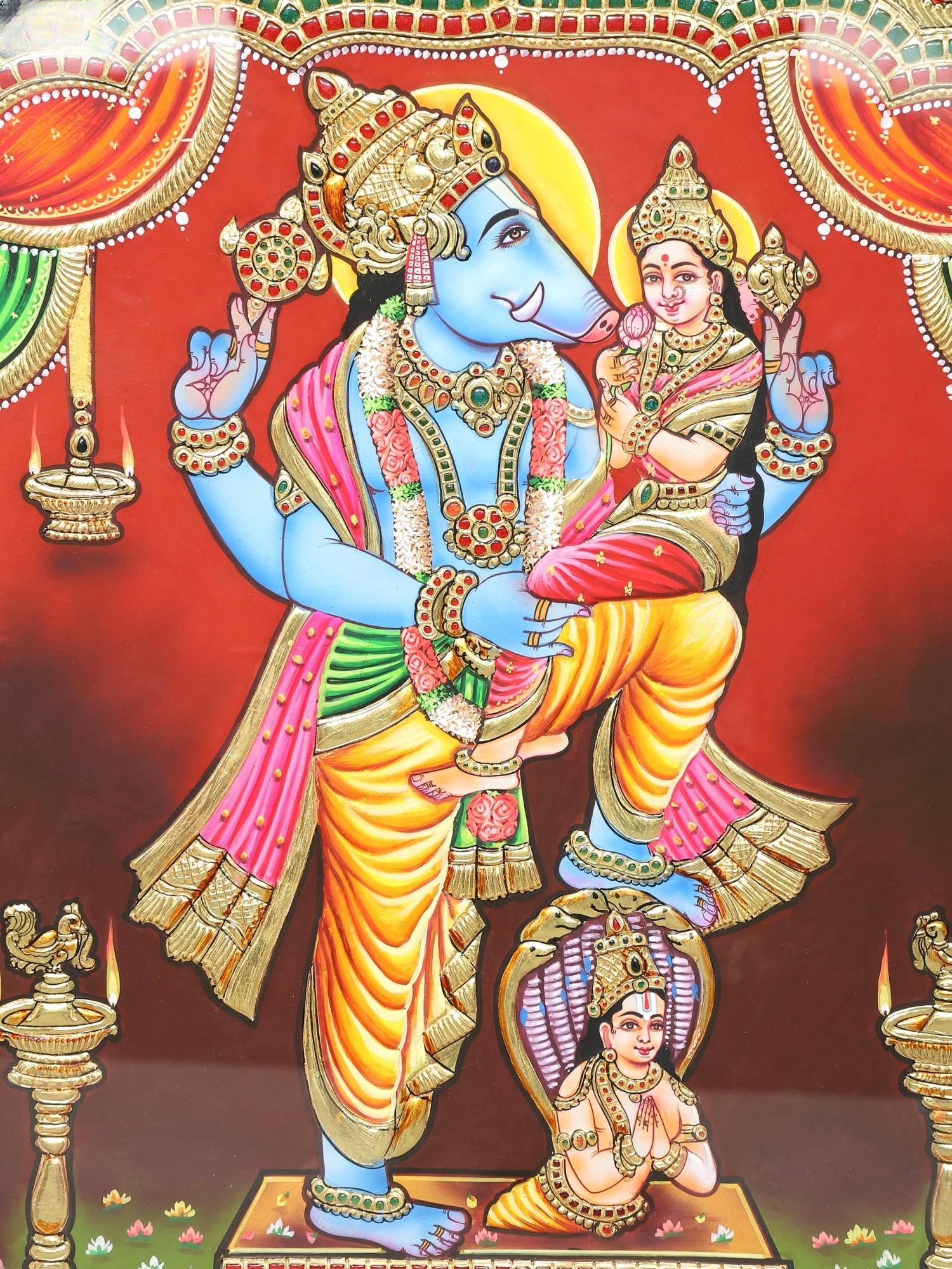 Superfine Lord Varaha with Goddess Lakshmi | 24 Karat Gold Work | Framed Tanjore Painting - 2