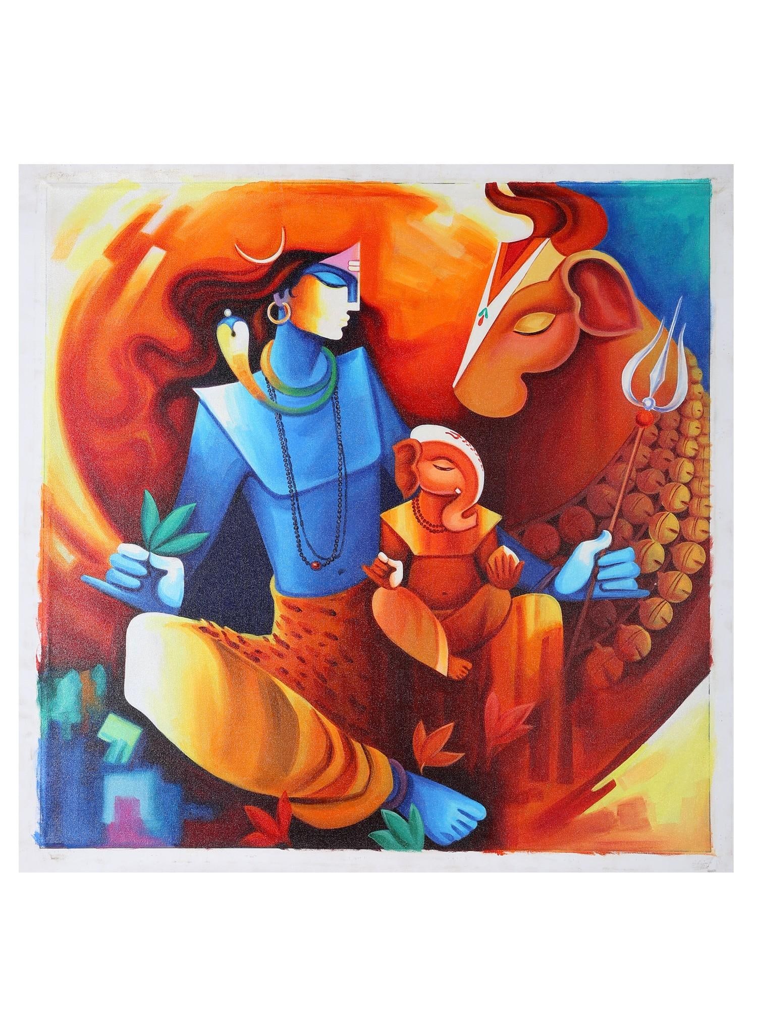 Lord Shiva with Baby Ganesha and Nandi | Oil Painting: Title: Lord Shiva with Baby Ganesha and Nandi | Oil Painting Description: Oil Paintings Reserve: $670.00 Shipping: Domestic: Shipping rates are determined by destination International: Foreign