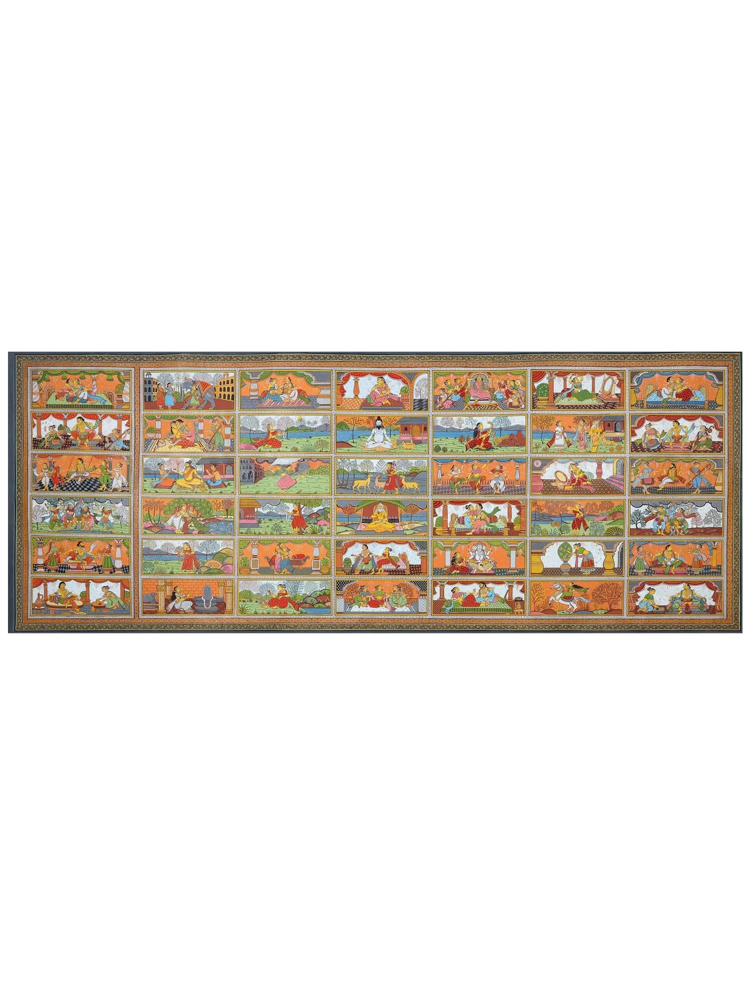 Complete Ragas and Raginis | Huge Size Pattachitra Painting from Odisha: Title: Complete Ragas and Raginis | Huge Size Pattachitra Painting from Odisha Description: Folk Paintings Reserve: $5,620.00 Shipping: Domestic: Shipping rates are determined by destination