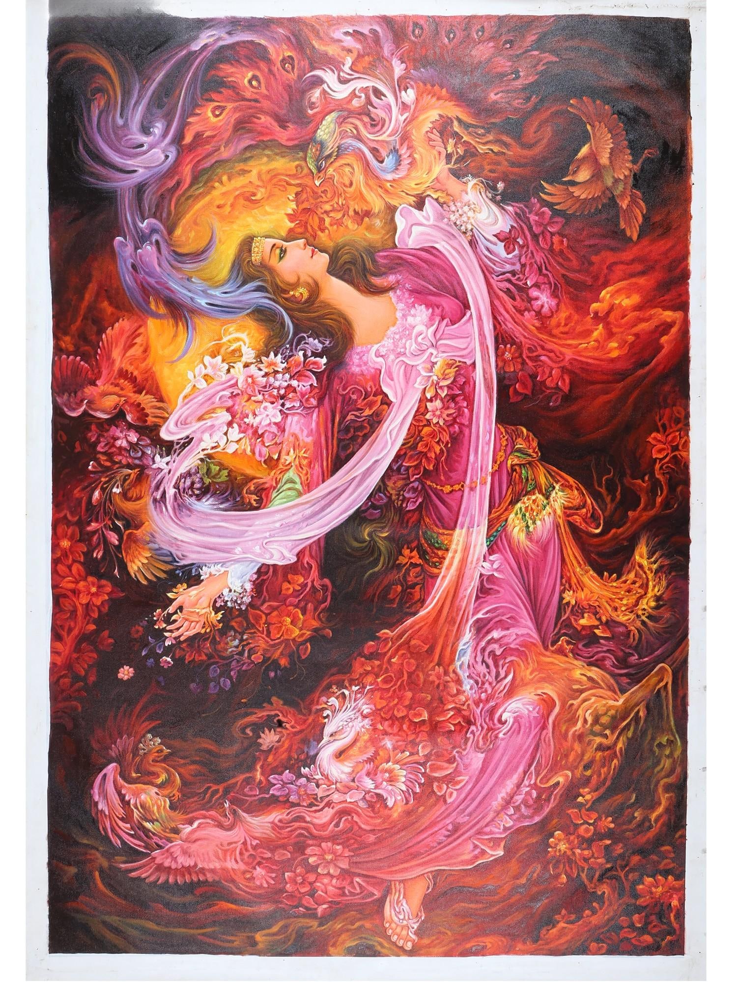 Ethereal Beauty | Large Size Persian Art Painting: Title: Ethereal Beauty | Large Size Persian Art Painting Description: Oil Paintings Reserve: $3,347.00 Shipping: Domestic: Shipping rates are determined by destination International: Foreign shipping