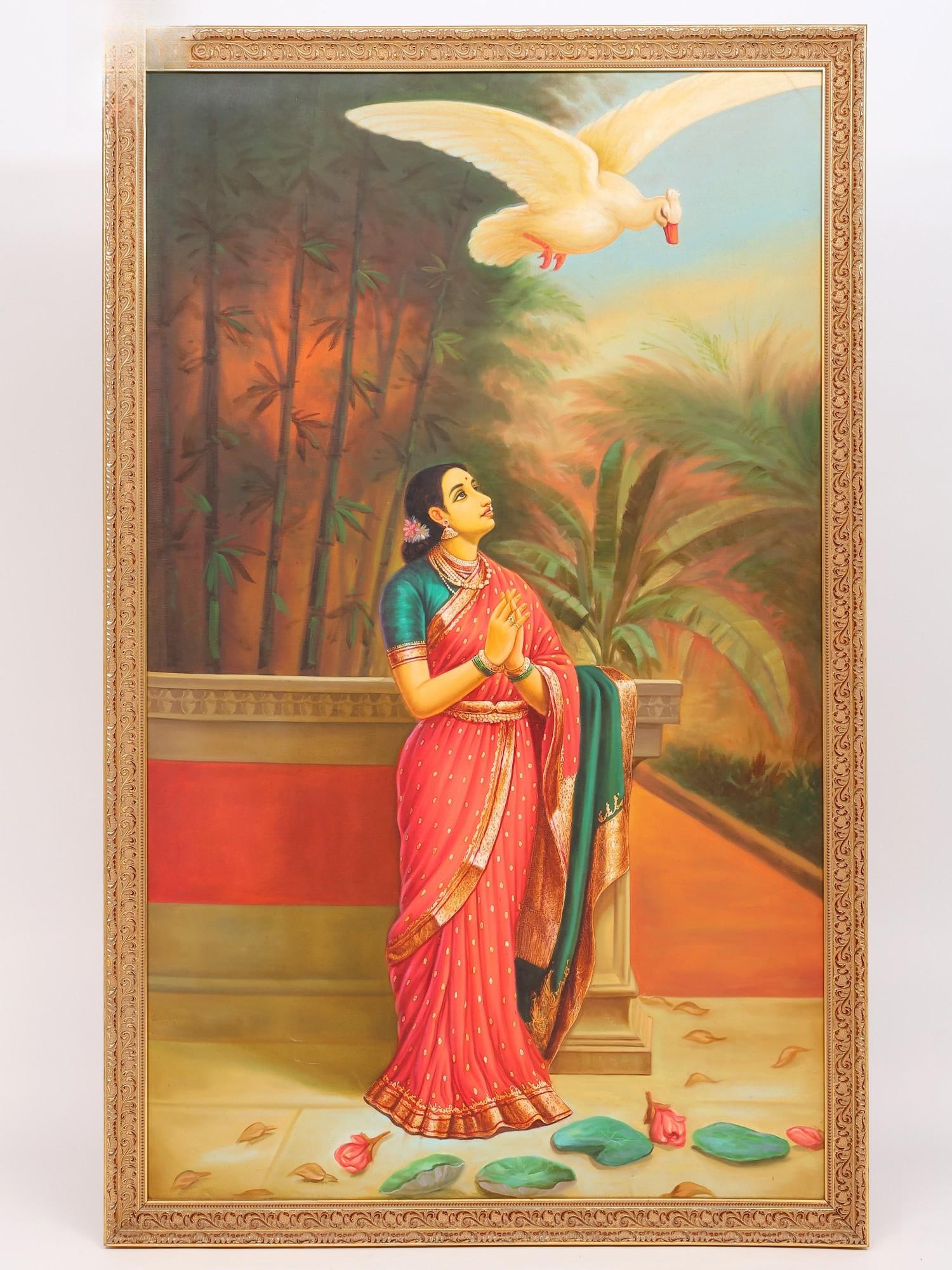 Hansa Damayanti Samvad | Unframed Oil Painting: Title: Hansa Damayanti Samvad | Unframed Oil Painting Description: Oil Paintings Reserve: $1,007.00 Shipping: Domestic: Shipping rates are determined by destination International: Foreign shipping rat