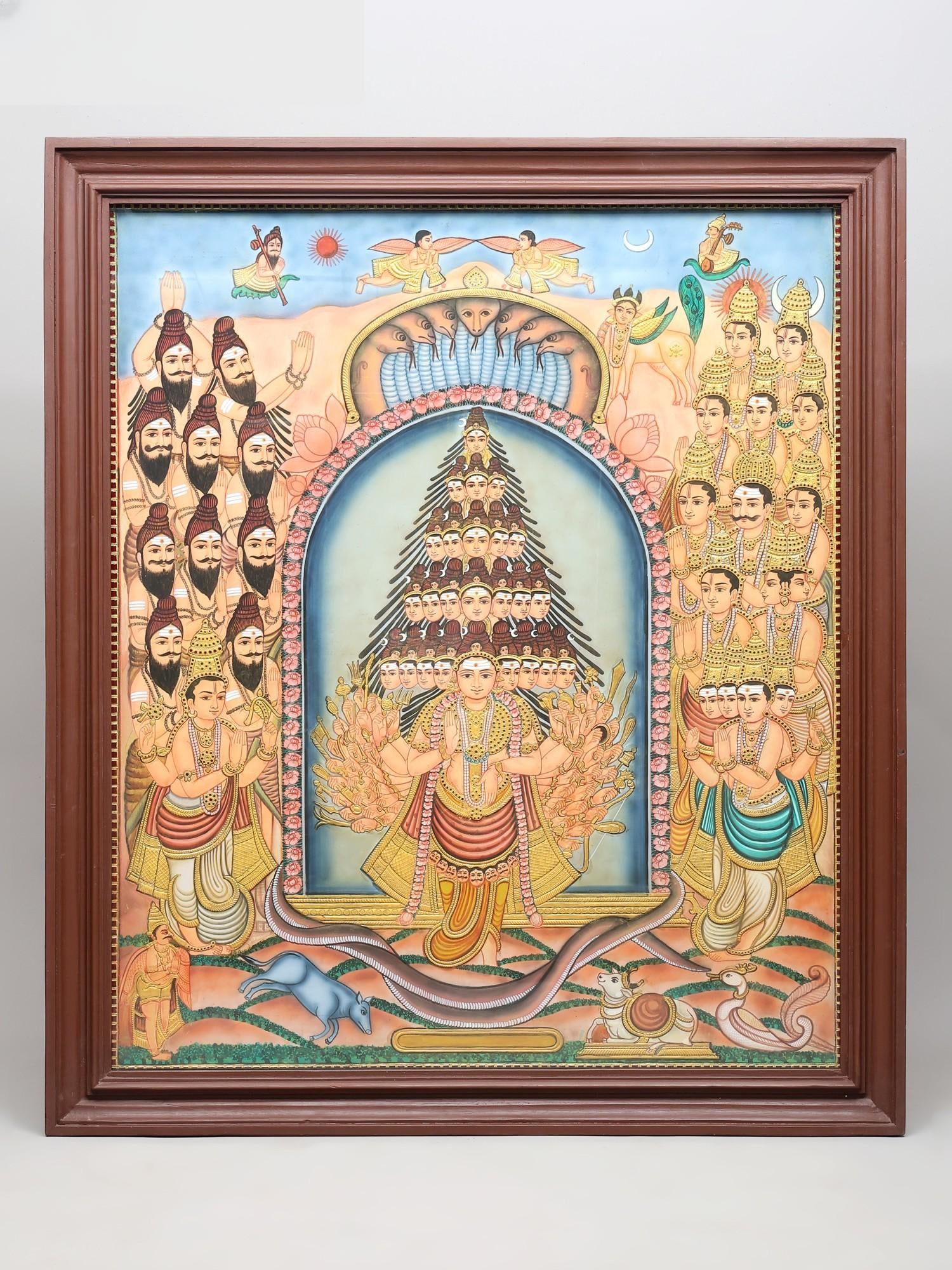 Sadashiva - The Eternal Form of Lord Shiva | Framed Tanjore Painting with Gold Work: Title: Sadashiva - The Eternal Form of Lord Shiva | Framed Tanjore Painting with Gold Work Description: Tanjore (Thanjavur) Painting Reserve: $5,057.00 Shipping: Domestic: Shipping rates are determine