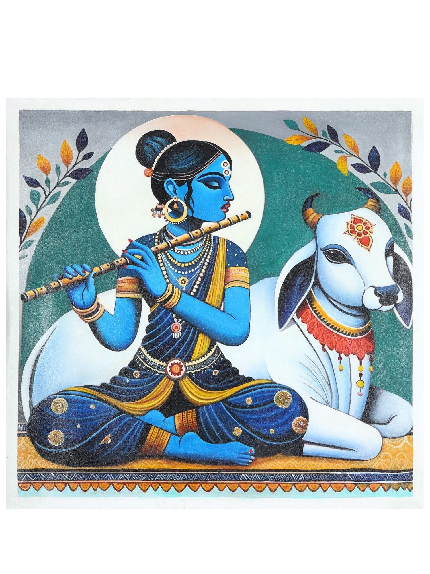 Goddess Radha with Cow | Oil Painting: Title: Goddess Radha with Cow | Oil Painting Description: Oil Paintings Reserve: $838.00 Shipping: Domestic: Shipping rates are determined by destination International: Foreign shipping rates are