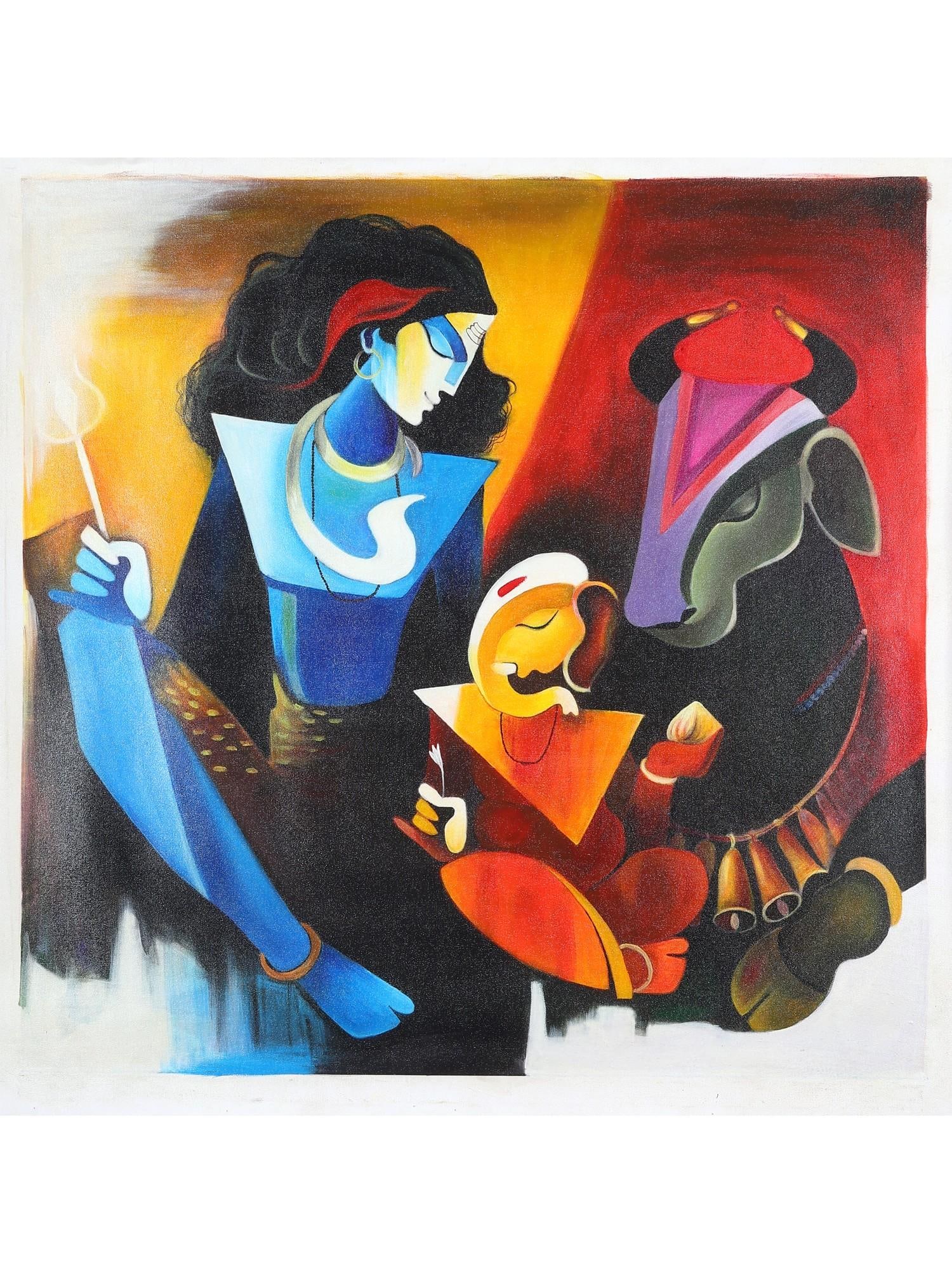 Lord Shiva with Baby Ganesha and Nandi | Oil Painting: Title: Lord Shiva with Baby Ganesha and Nandi | Oil Painting Description: Oil Paintings Reserve: $895.00 Shipping: Domestic: Shipping rates are determined by destination International: Foreign