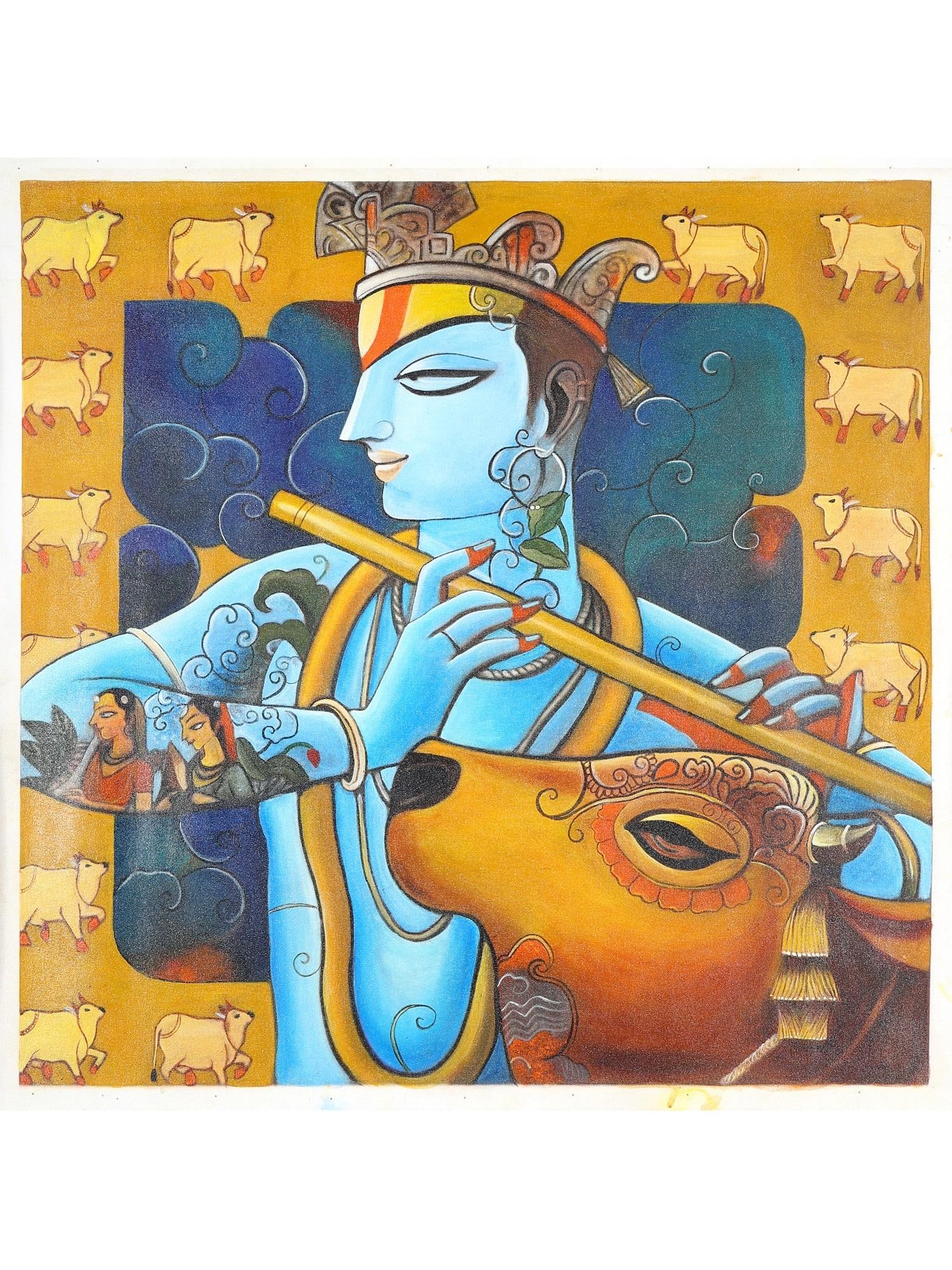 Lord Krishna with Cow | Oil Painting: Title: Lord Krishna with Cow | Oil Painting Description: Oil Paintings Reserve: $703.00 Shipping: Domestic: Shipping rates are determined by destination International: Foreign shipping rates are