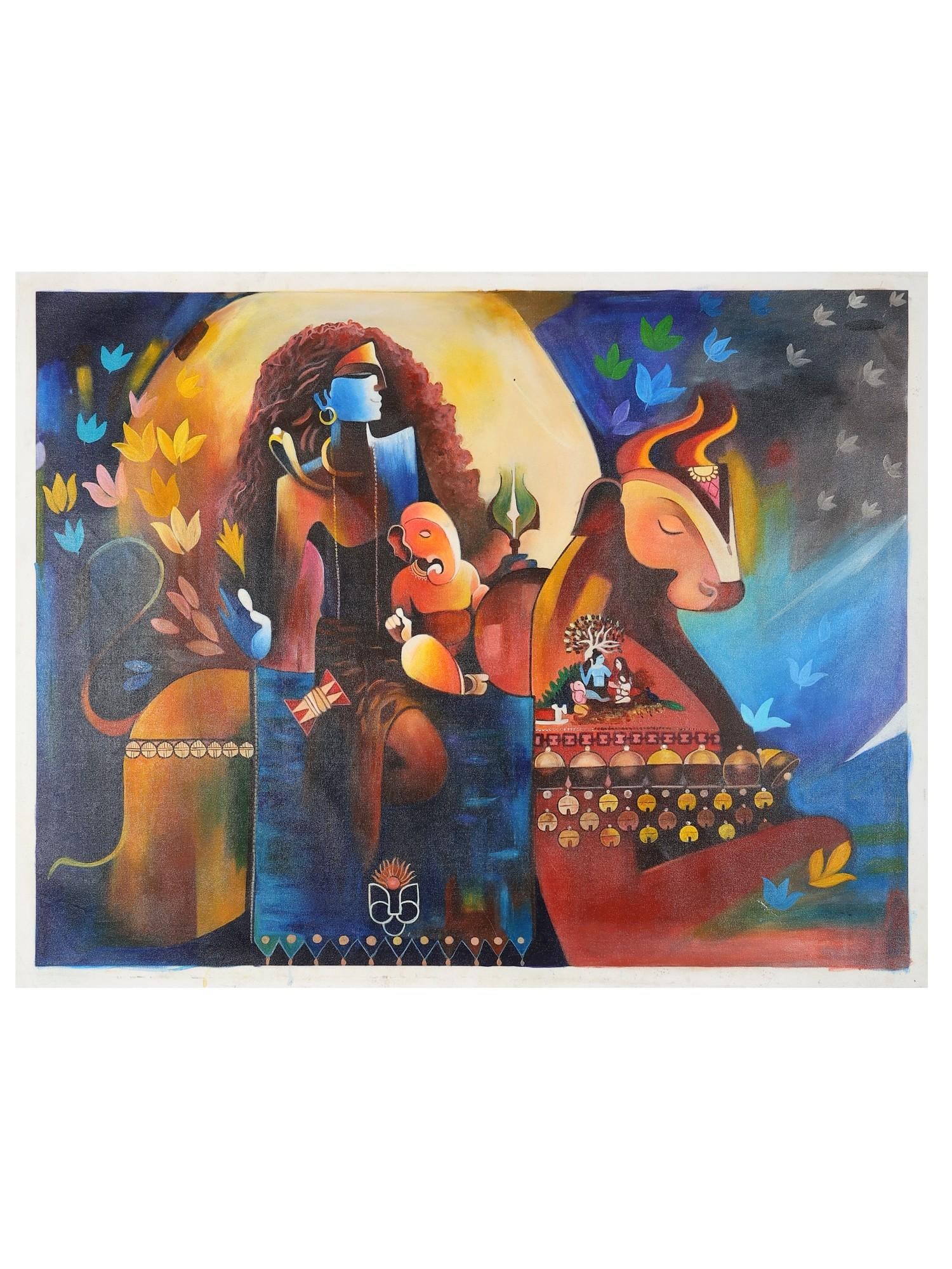 Lord Shiva with Son Ganesha Seated on Nandi | Oil Painting: Title: Lord Shiva with Son Ganesha Seated on Nandi | Oil Painting Description: Oil Paintings Reserve: $928.00 Shipping: Domestic: Shipping rates are determined by destination International: Foreign