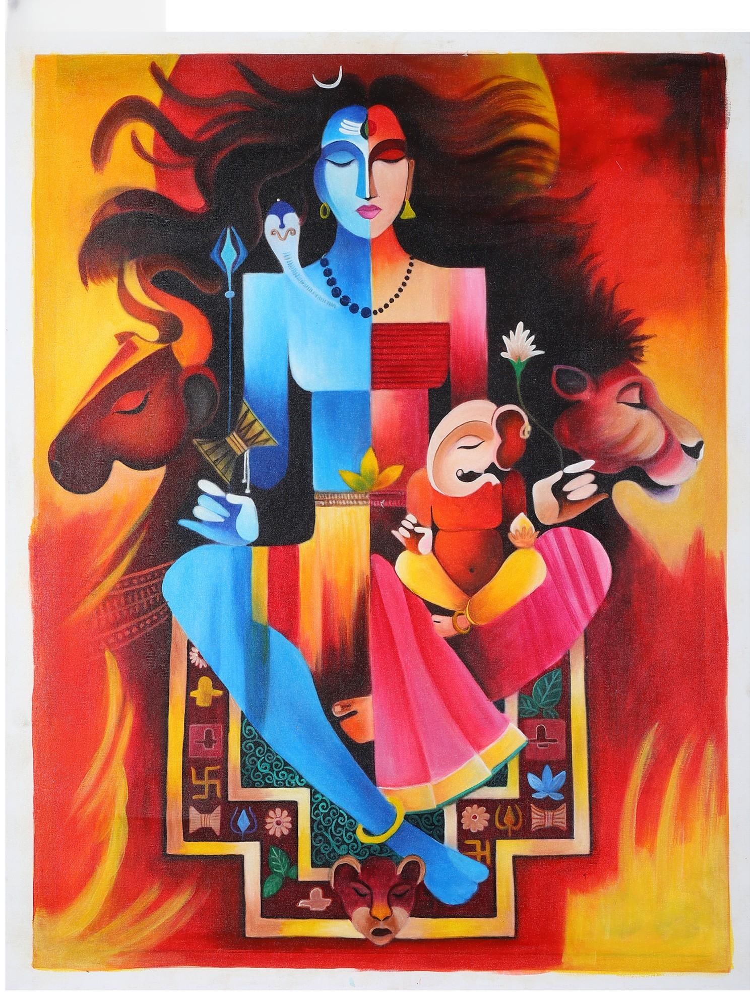 Ardhanarishvara (Shiva-Shakti) with Ganesha | Oil Painting: Title: Ardhanarishvara (Shiva-Shakti) with Ganesha | Oil Painting Description: Oil Paintings Reserve: $1,007.00 Shipping: Domestic: Shipping rates are determined by destination International: Foreign