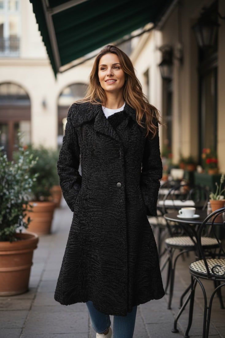 BLACK PERSIAN LAMB FUR COAT EU: S ; US: 8: Title: BLACK PERSIAN LAMB FUR COAT EU: S ; US: 8 Size/Dimensions: Approximate size- EU: S; US: 8 : Important details: Length: 110cm/43.31in -Shoulders width:42cm/16.54in -Sleeve Length:62cm/24.41in -B