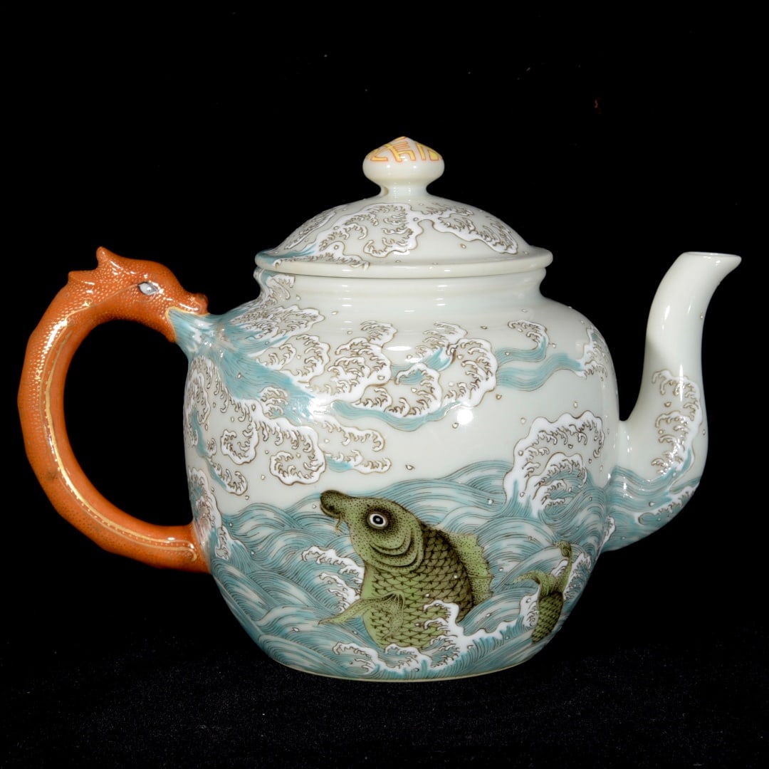 Porcelain Teapot Iron Red Glaze Dragon & Fish - 3