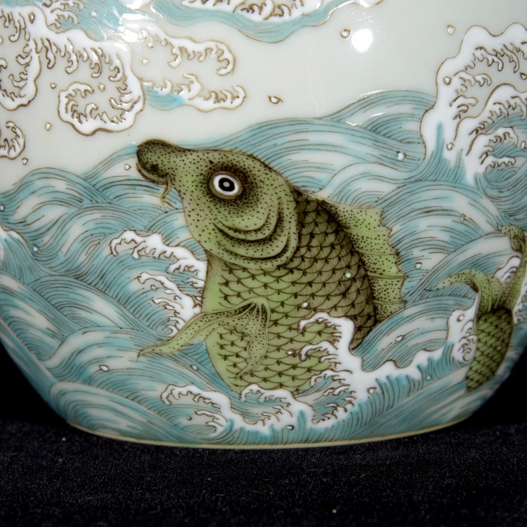 Porcelain Teapot Iron Red Glaze Dragon & Fish - 4