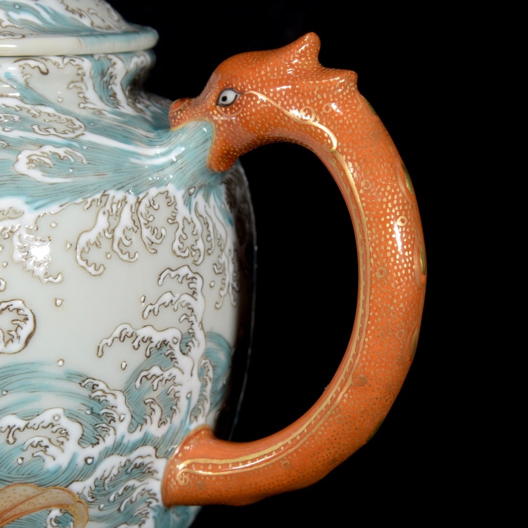 Porcelain Teapot Iron Red Glaze Dragon & Fish - 6