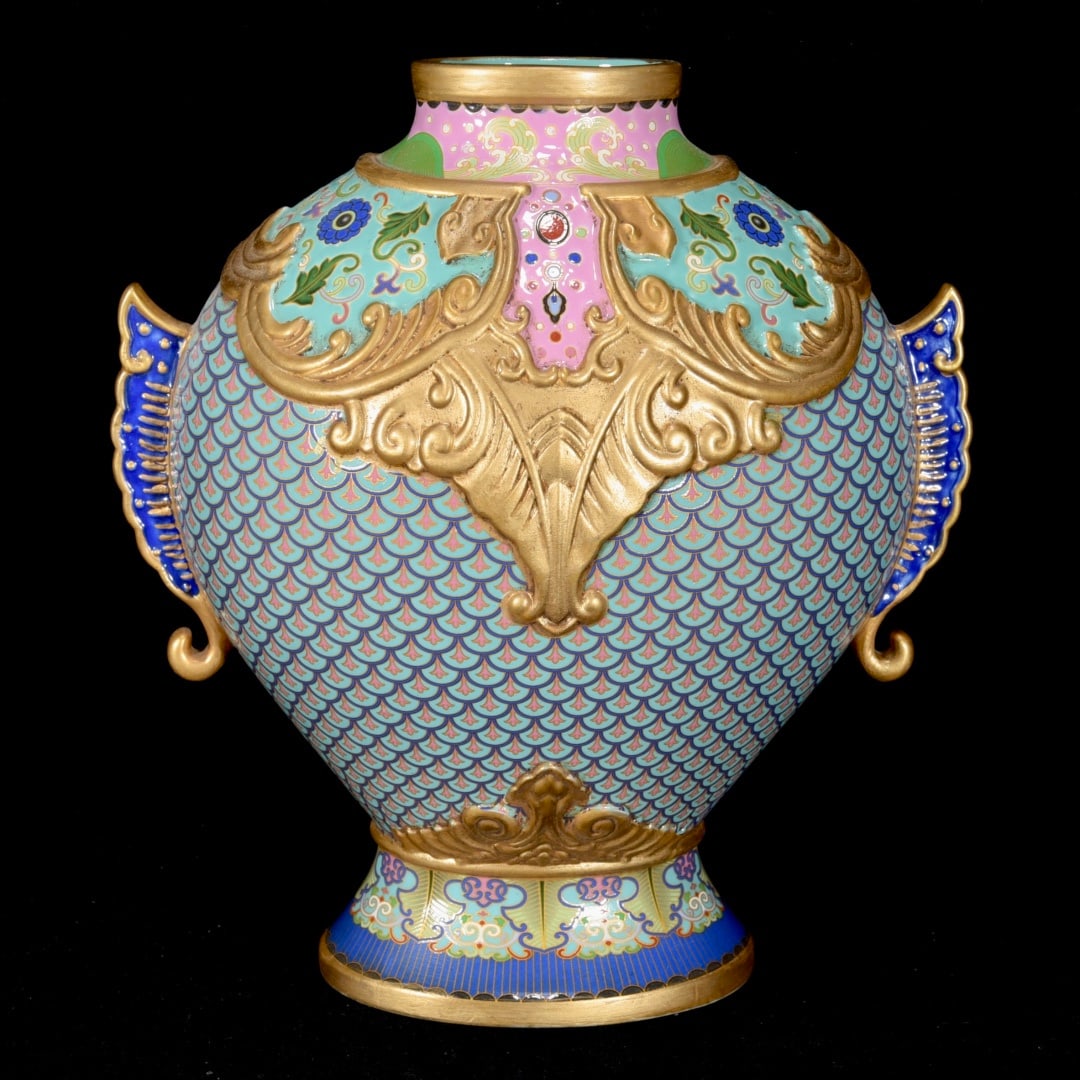 Gilt Gold Porcelain Vase Fish w Qianlong Mark - 3