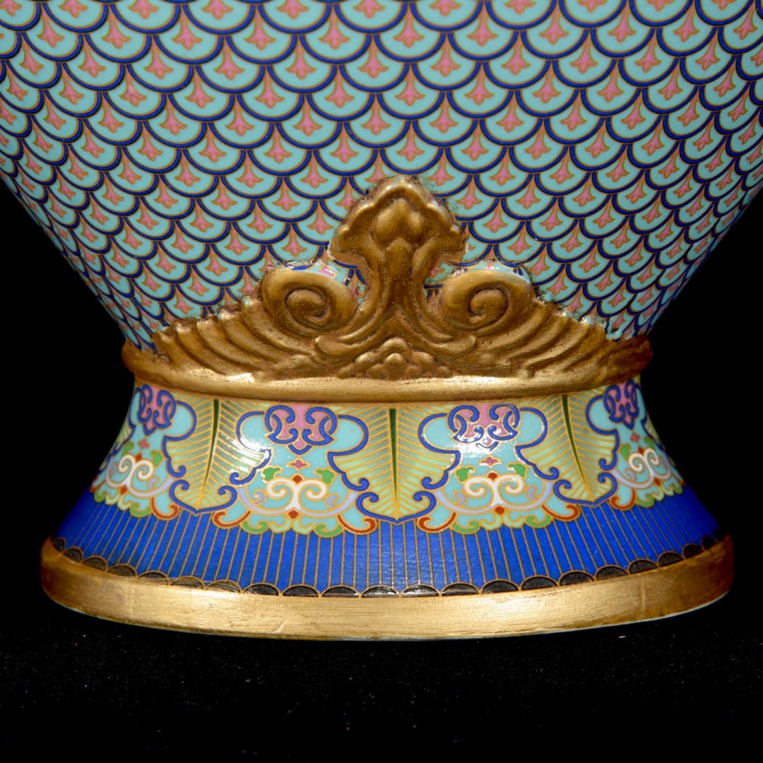 Gilt Gold Porcelain Vase Fish w Qianlong Mark - 6