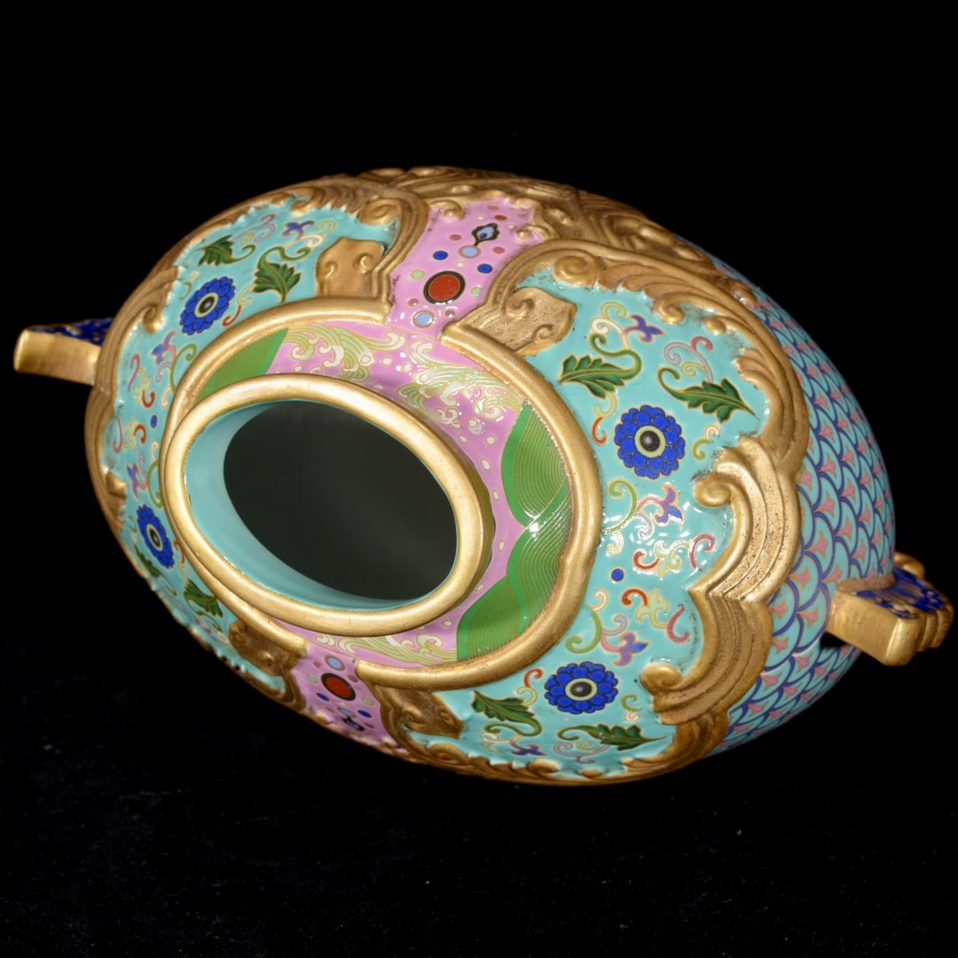 Gilt Gold Porcelain Vase Fish w Qianlong Mark - 8
