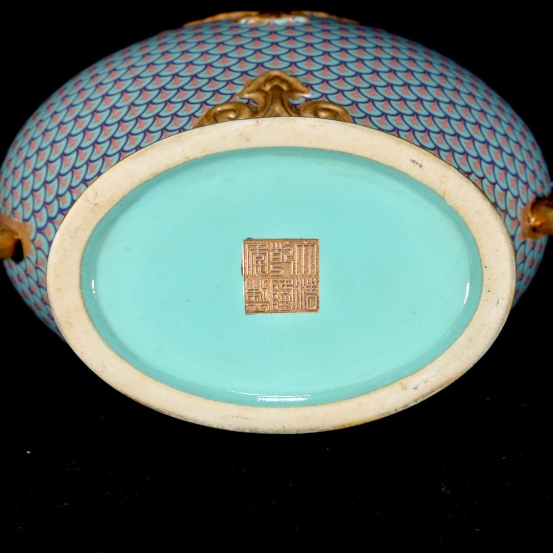 Gilt Gold Porcelain Vase Fish w Qianlong Mark - 9
