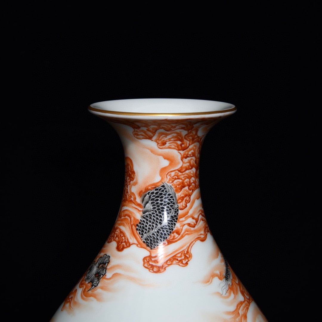 Gilt Gold Porcelain Vase Iron Red Glaze Buddhism Arhat & Dragon - 4
