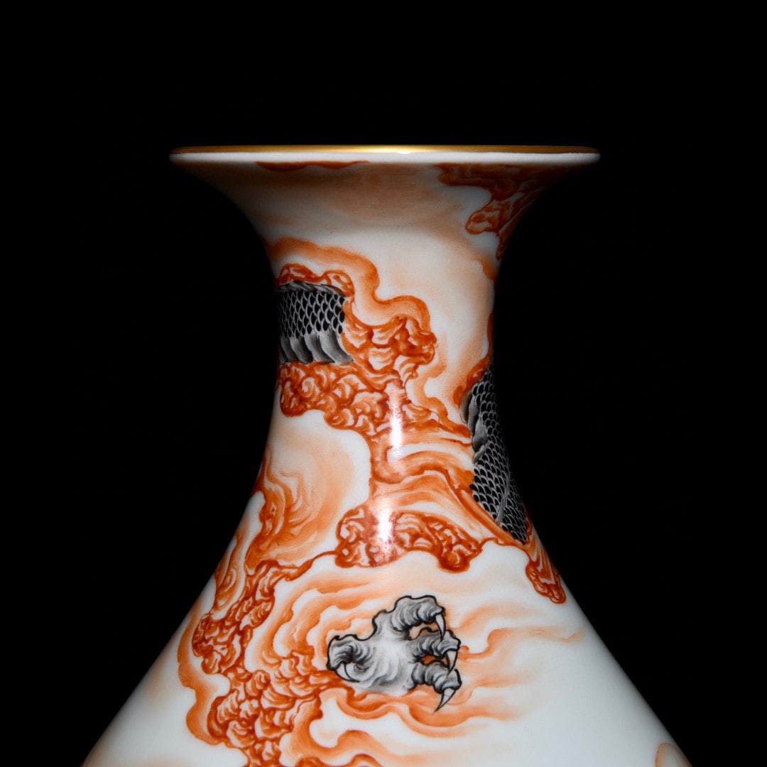 Gilt Gold Porcelain Vase Iron Red Glaze Buddhism Arhat & Dragon - 5