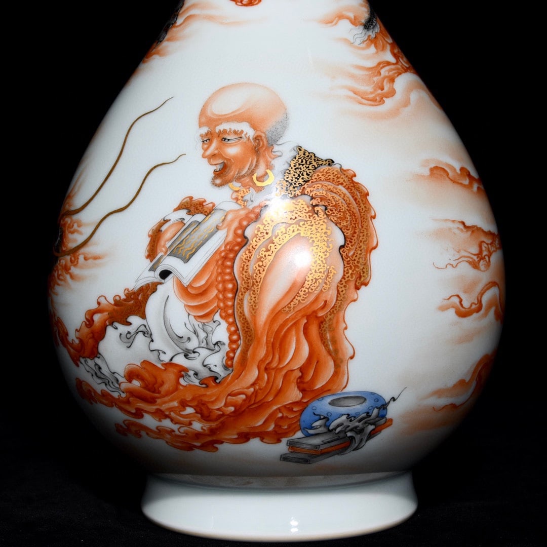 Gilt Gold Porcelain Vase Iron Red Glaze Buddhism Arhat & Dragon - 6