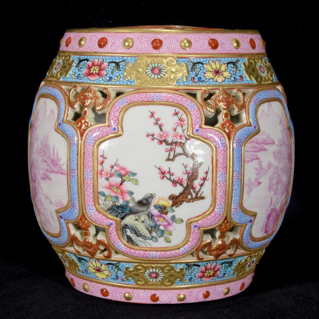 Gilt Gold Famille Rose Porcelain Small Drum Statue Flower Bird Design - 2
