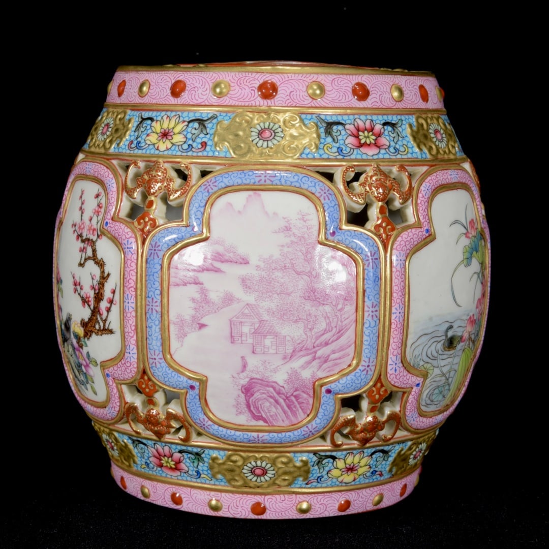 Gilt Gold Famille Rose Porcelain Small Drum Statue Flower Bird Design - 3
