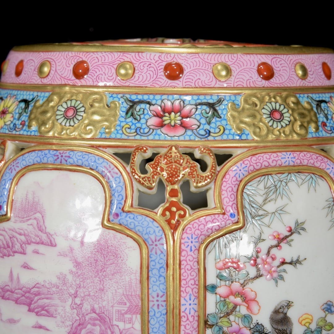 Gilt Gold Famille Rose Porcelain Small Drum Statue Flower Bird Design - 5