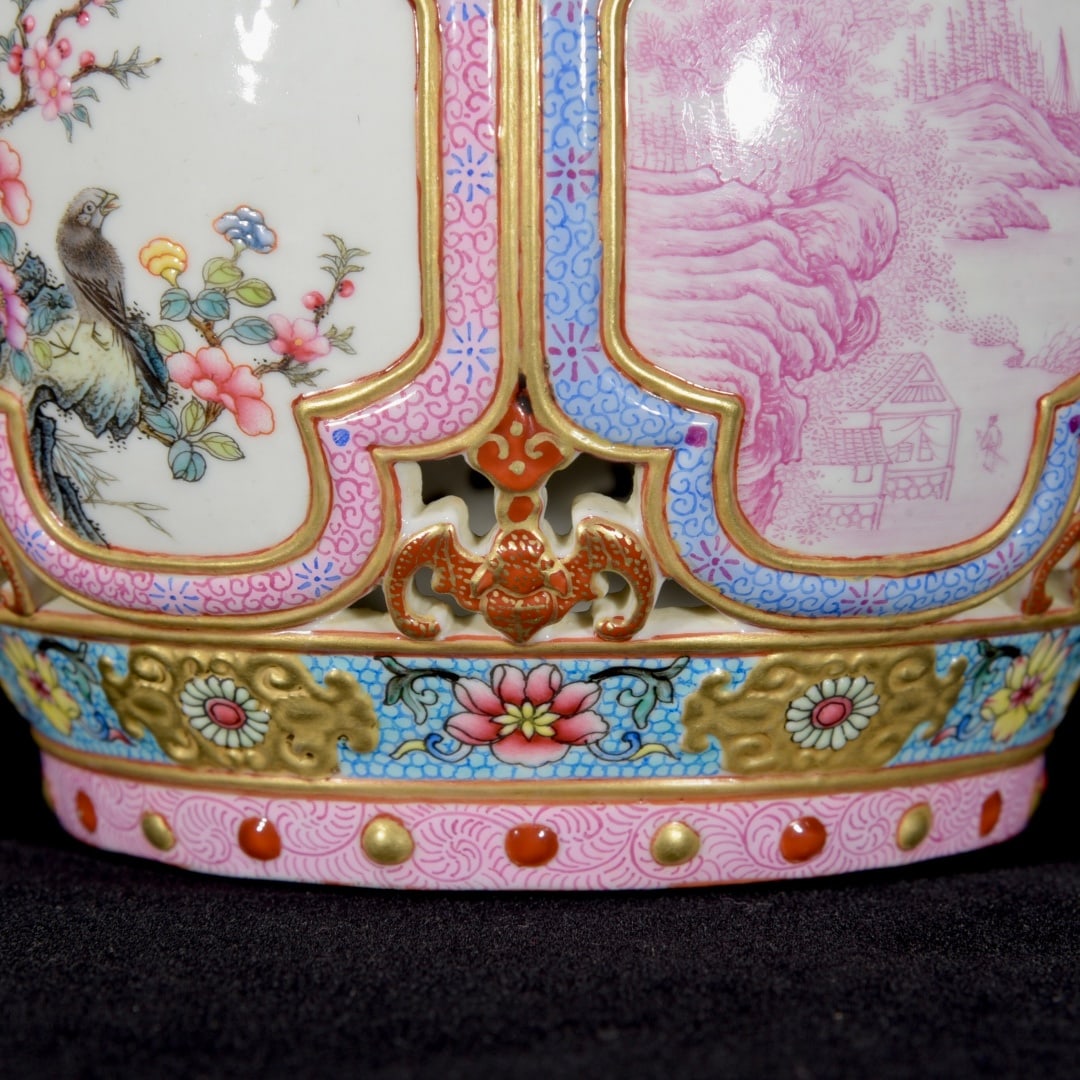 Gilt Gold Famille Rose Porcelain Small Drum Statue Flower Bird Design - 7