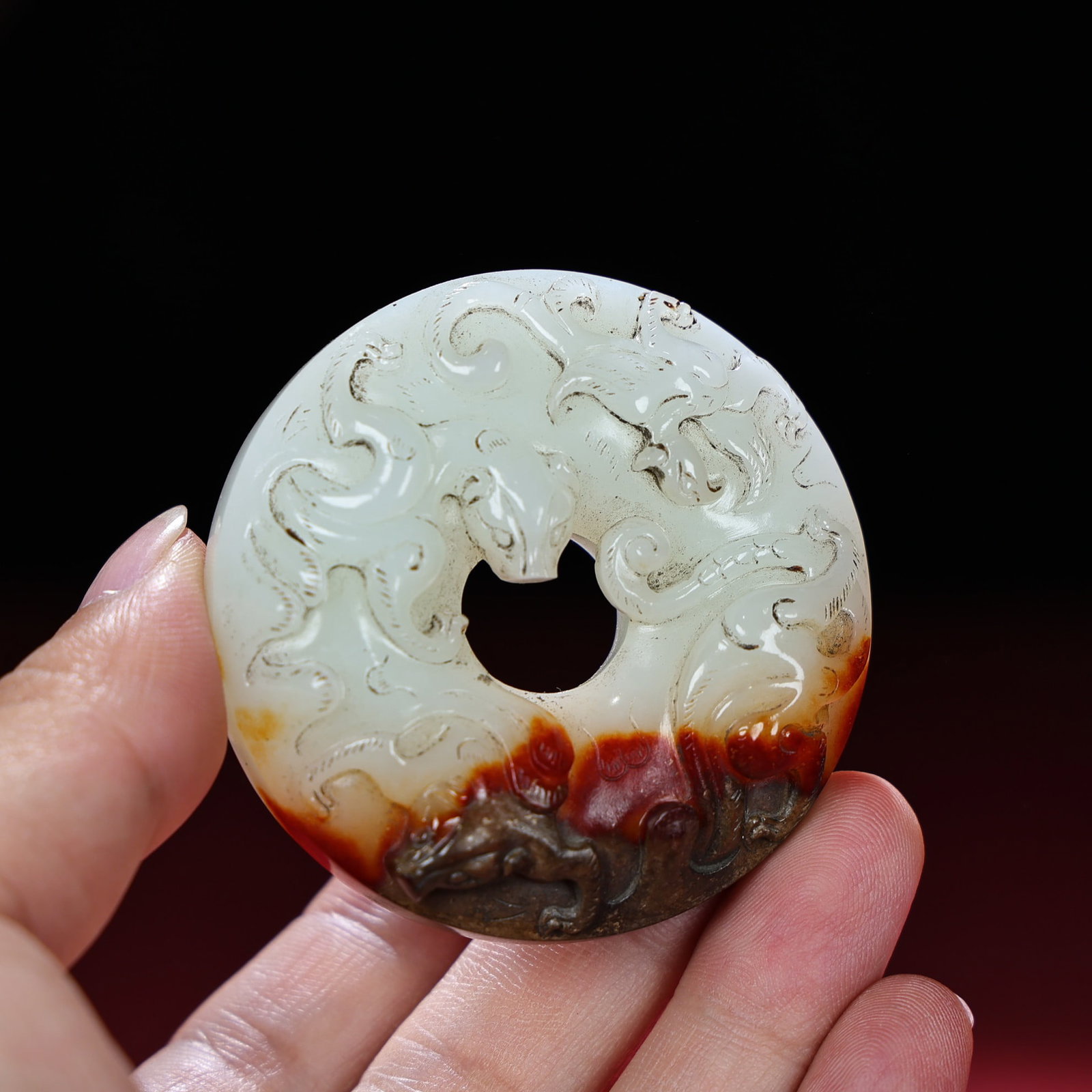 Old Hetian Jade Hand Carved Chi Dragon Bi Pendant - 8