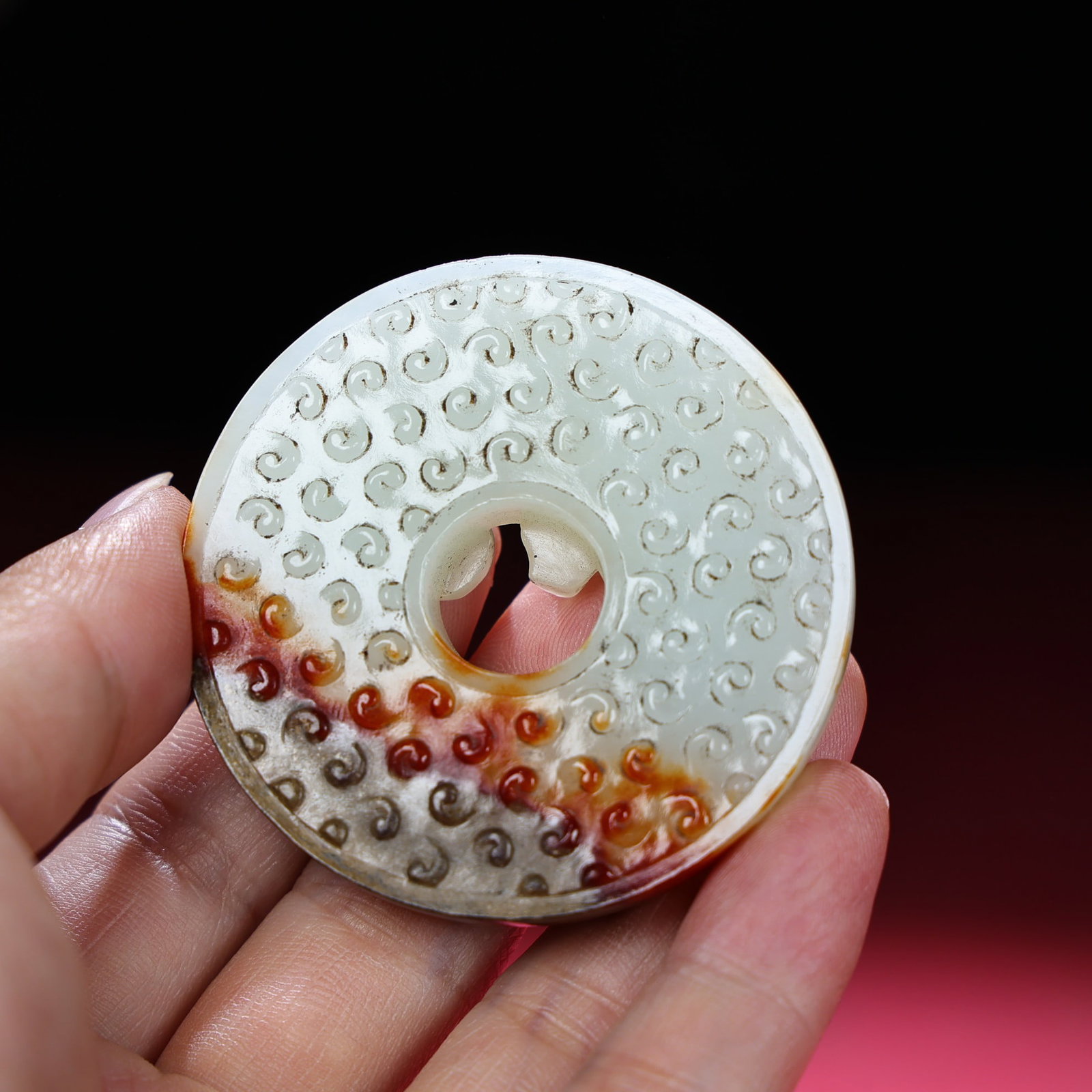 Old Hetian Jade Hand Carved Chi Dragon Bi Pendant - 9