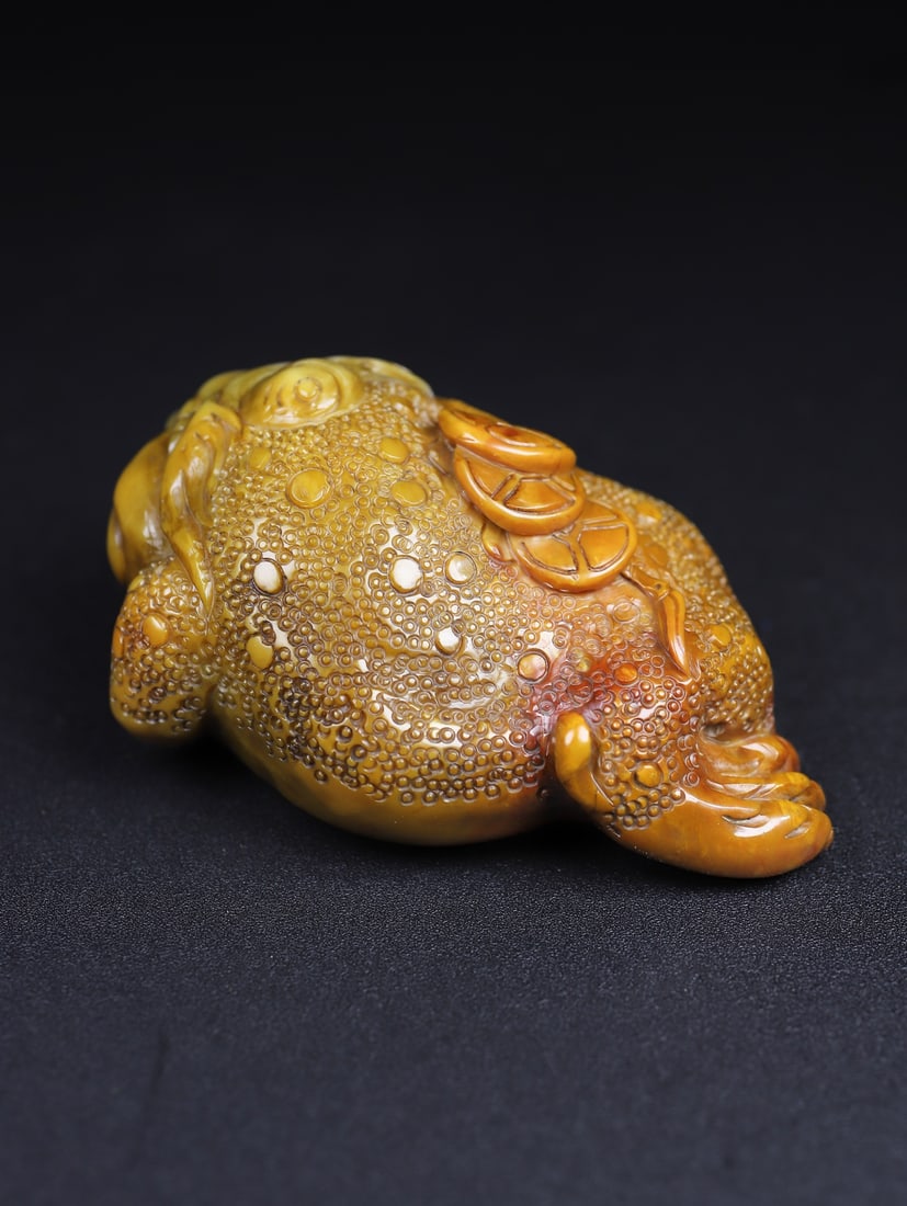 Vintage Yellow Shoushan Soapstone Hand-Carved Fortune Toad Statue - 7