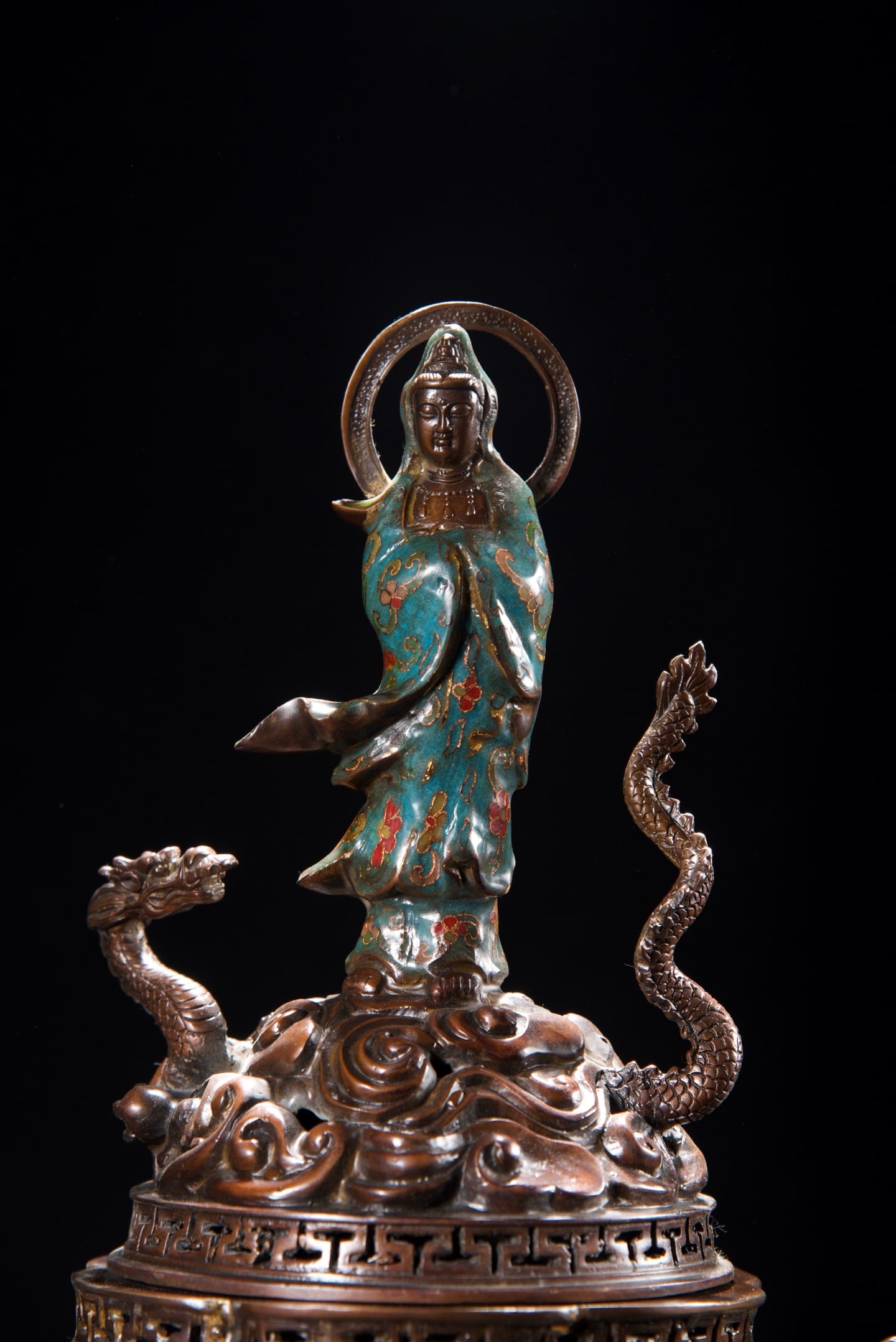 Vintage Bronze Cloisonne Dragon Phoenix Kwan-yin Incense Burner - 2