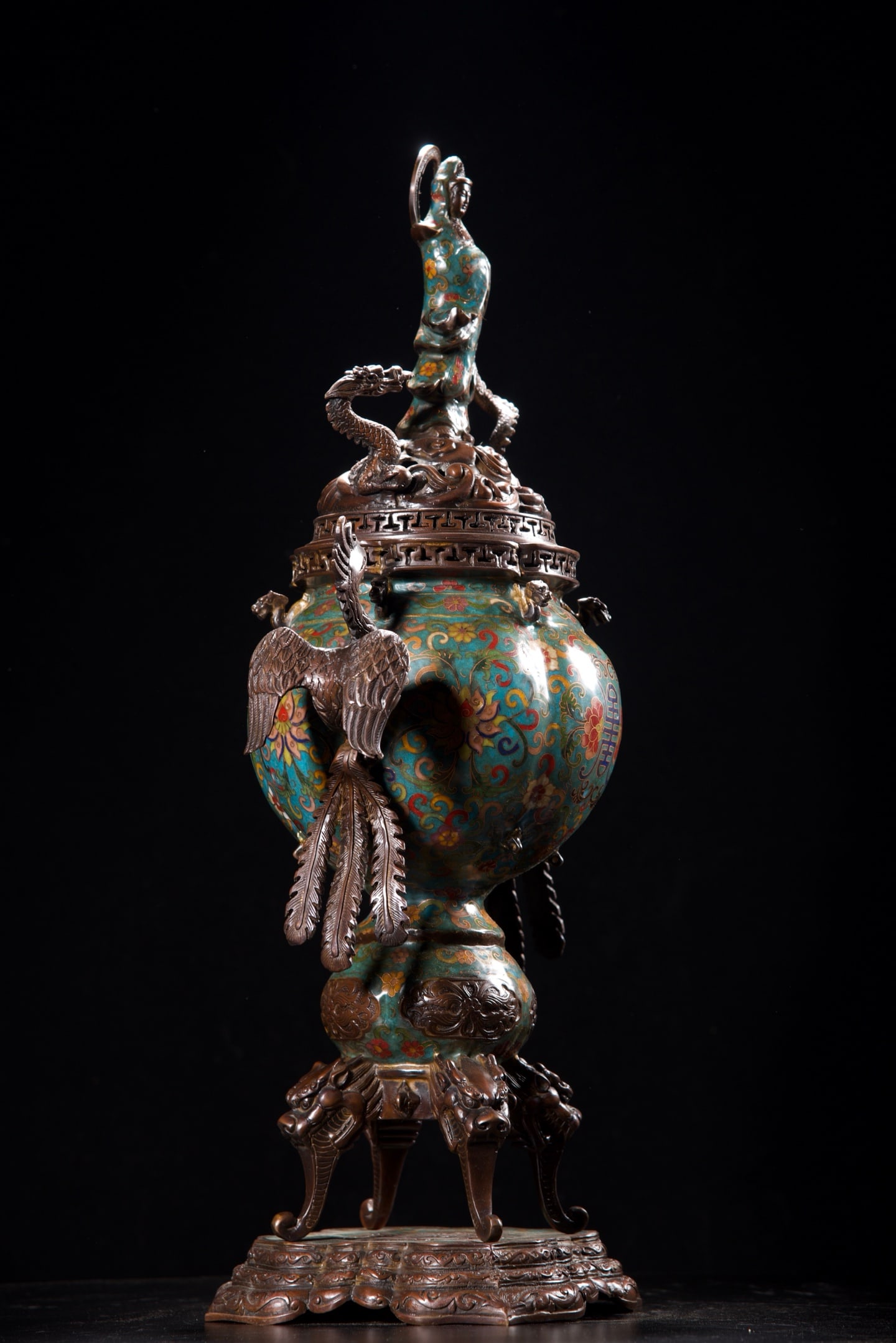 Vintage Bronze Cloisonne Dragon Phoenix Kwan-yin Incense Burner - 4