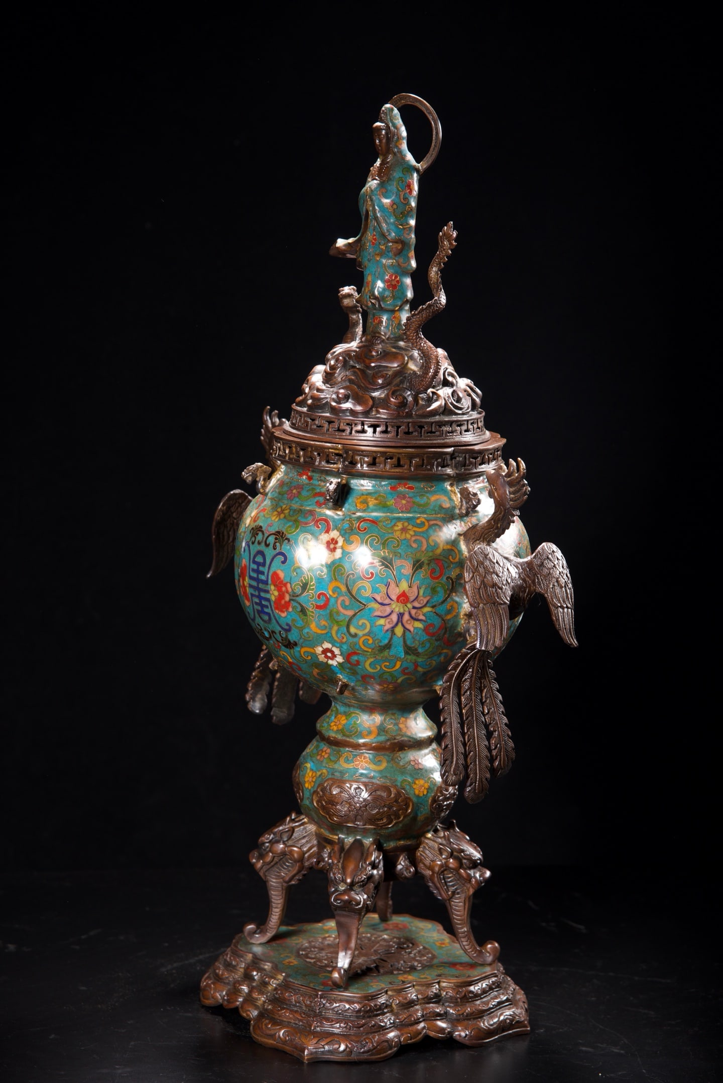 Vintage Bronze Cloisonne Dragon Phoenix Kwan-yin Incense Burner - 6
