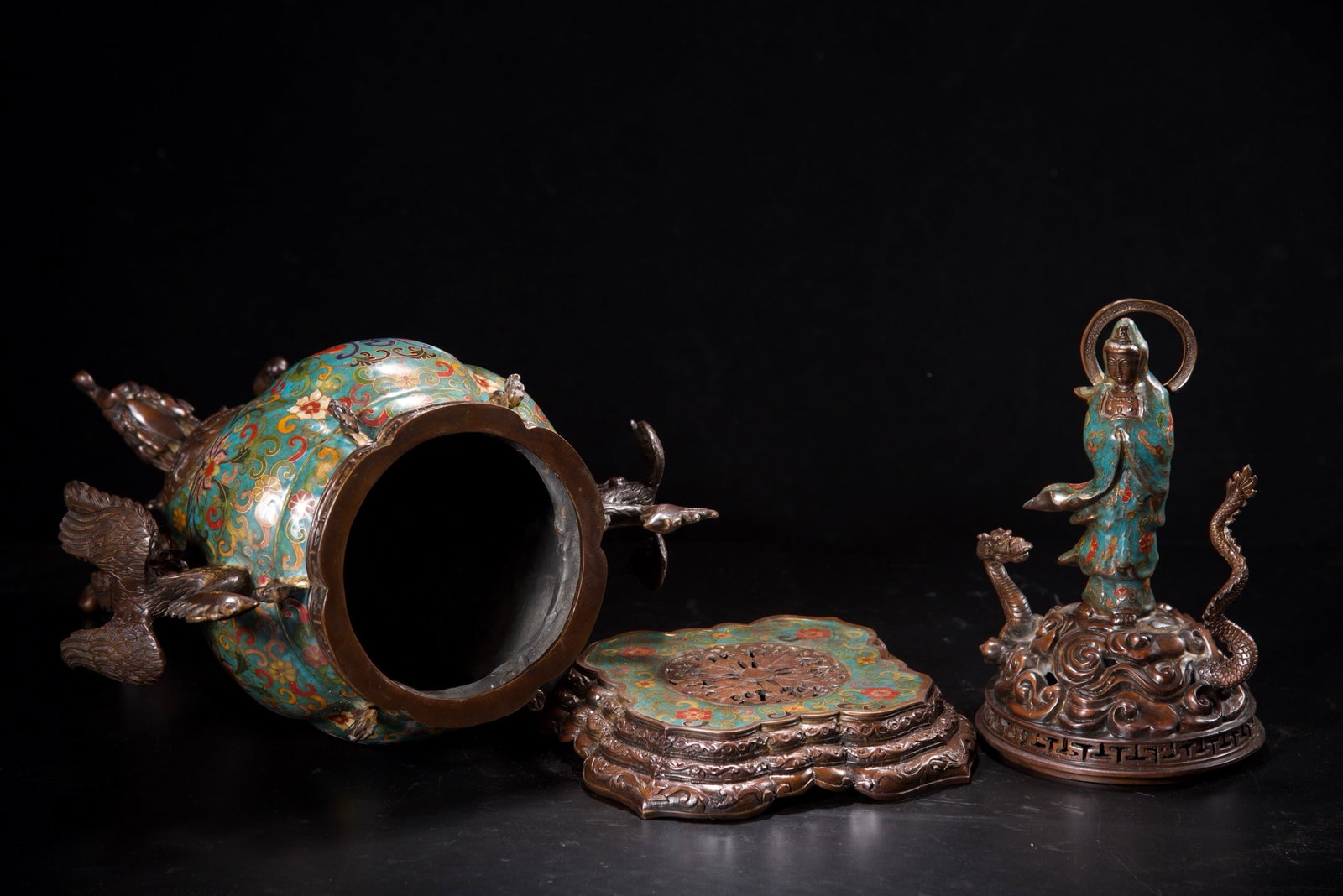 Vintage Bronze Cloisonne Dragon Phoenix Kwan-yin Incense Burner - 8