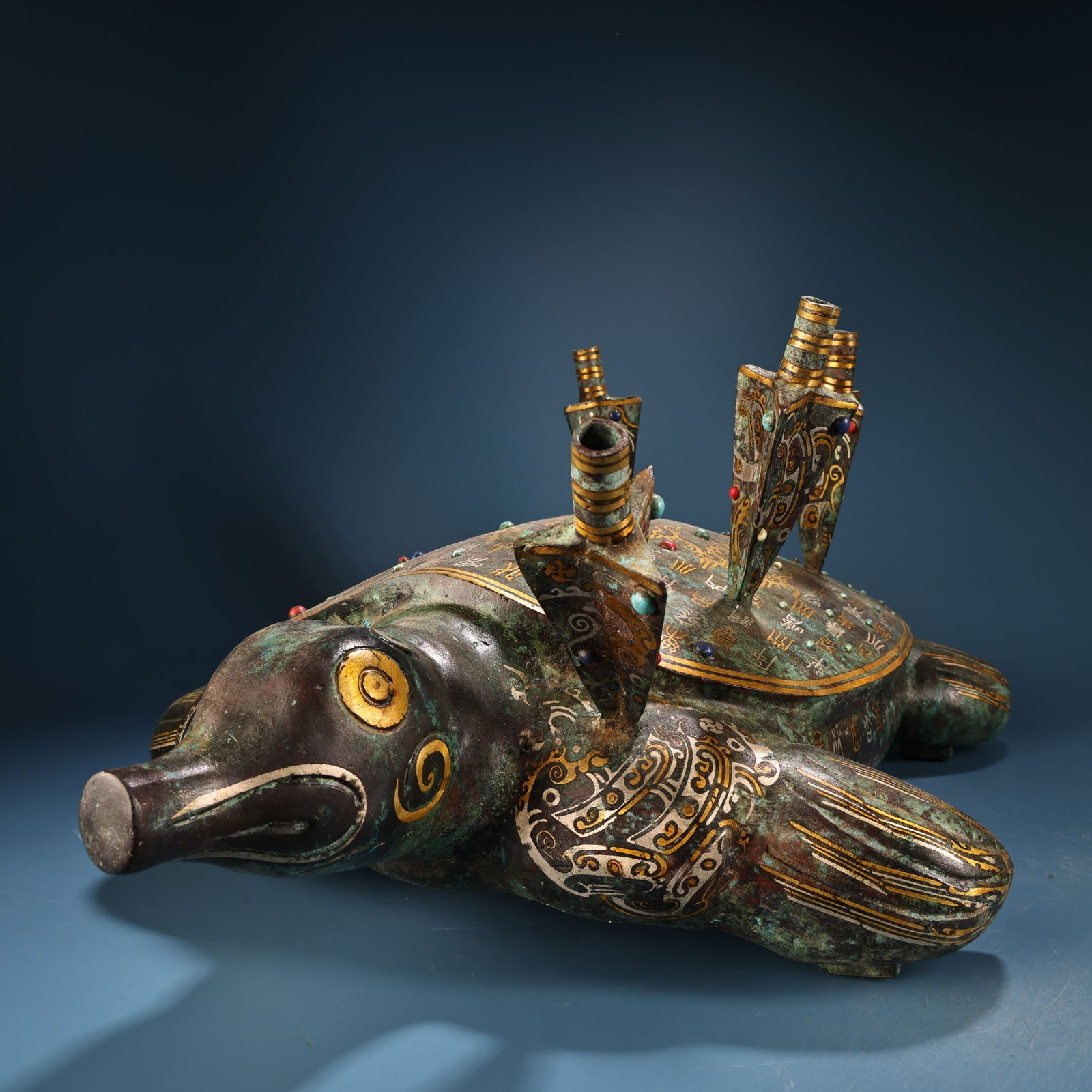 Vintage Bronze Inlay Gold,Silver Wire & Gem Statue - 11