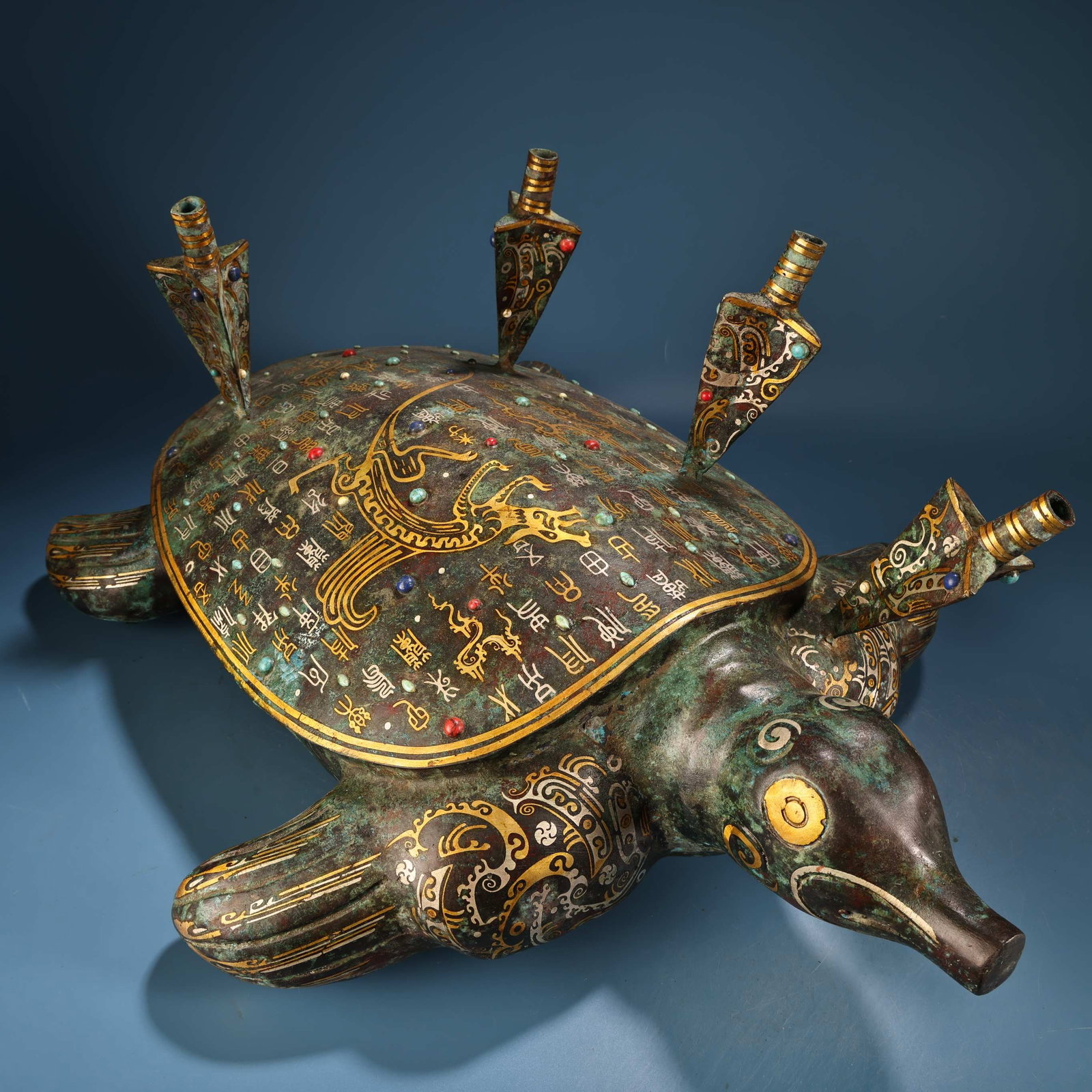 Vintage Bronze Inlay Gold,Silver Wire & Gem Statue - 2