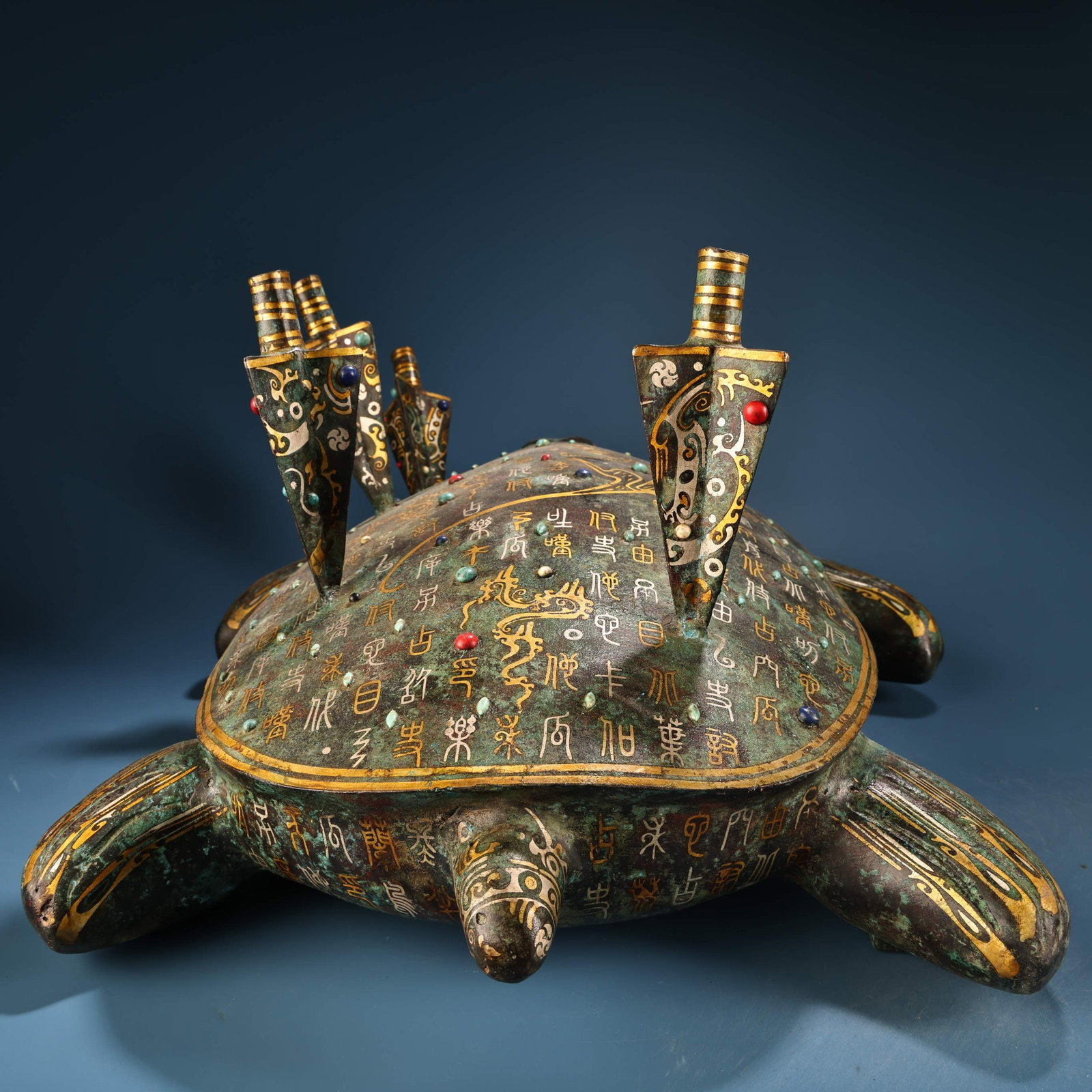 Vintage Bronze Inlay Gold,Silver Wire & Gem Statue - 3