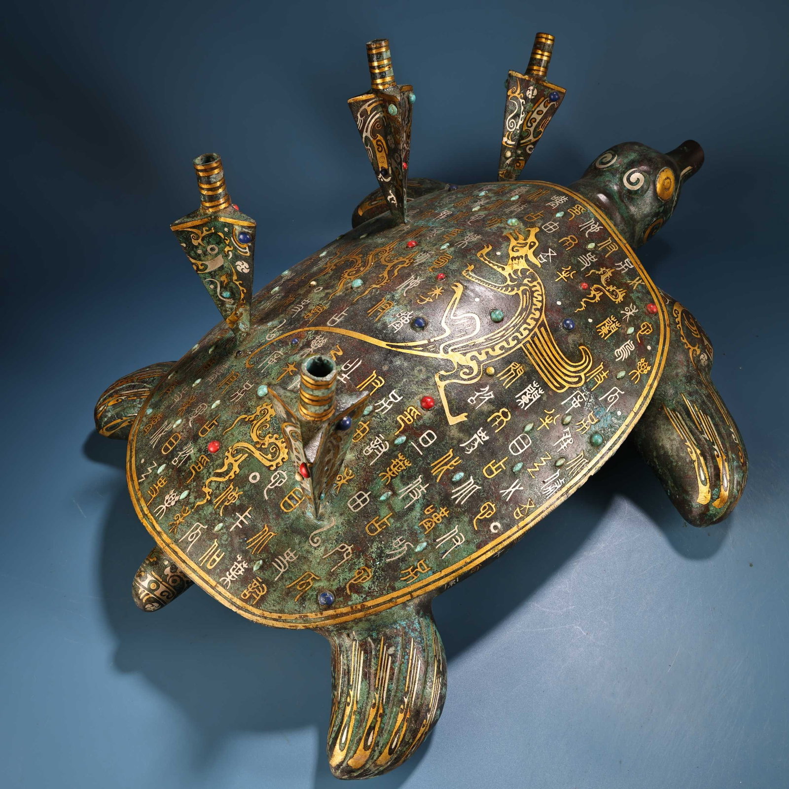 Vintage Bronze Inlay Gold,Silver Wire & Gem Statue - 5
