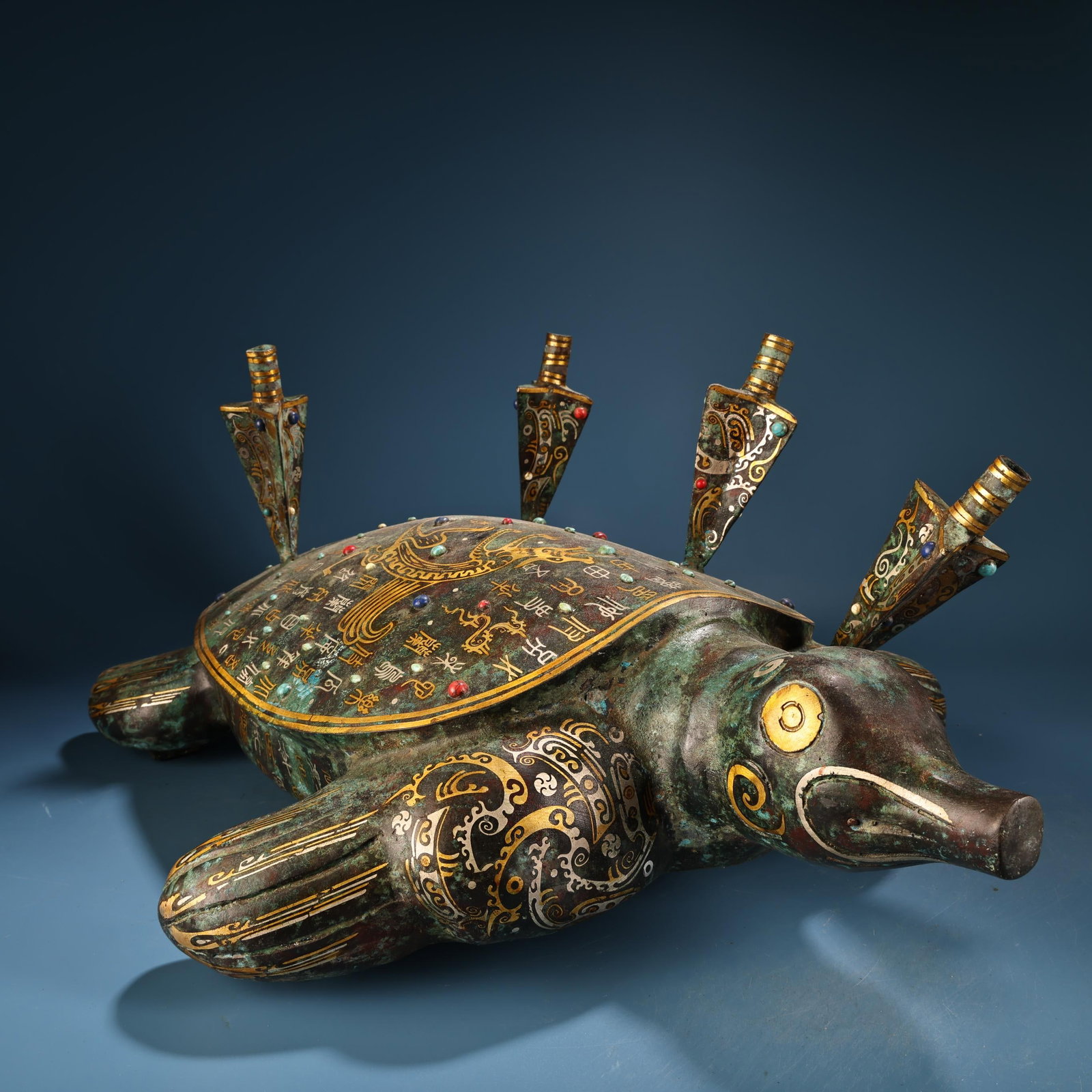 Vintage Bronze Inlay Gold,Silver Wire & Gem Statue - 7