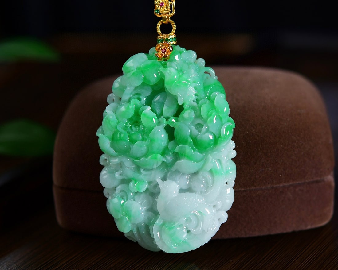 Green Jadeite Hand-Carved Pendant w Flower Bird w Hand Woven JadeiteBeads Necklace (1 of 6)