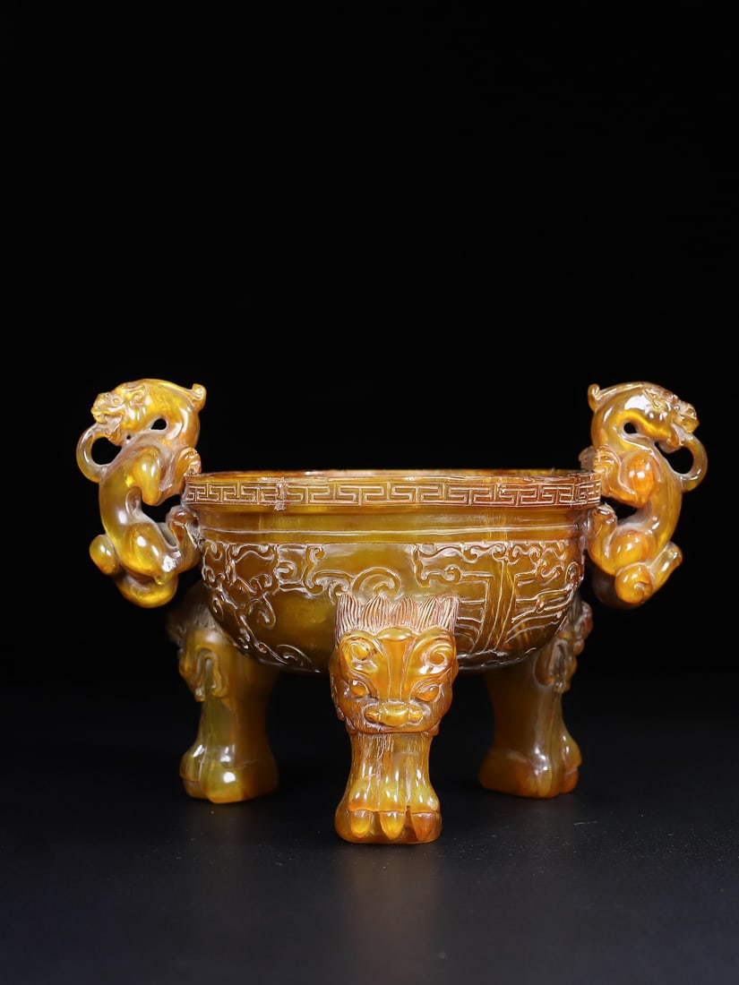 Vintage Hand Carved Ox Horn Chi Dragon Incense Burner - 10