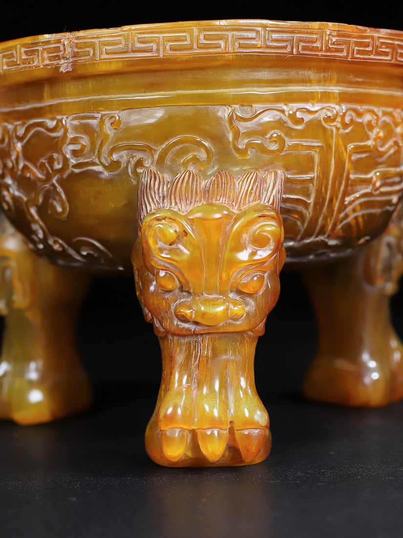 Vintage Hand Carved Ox Horn Chi Dragon Incense Burner - 2