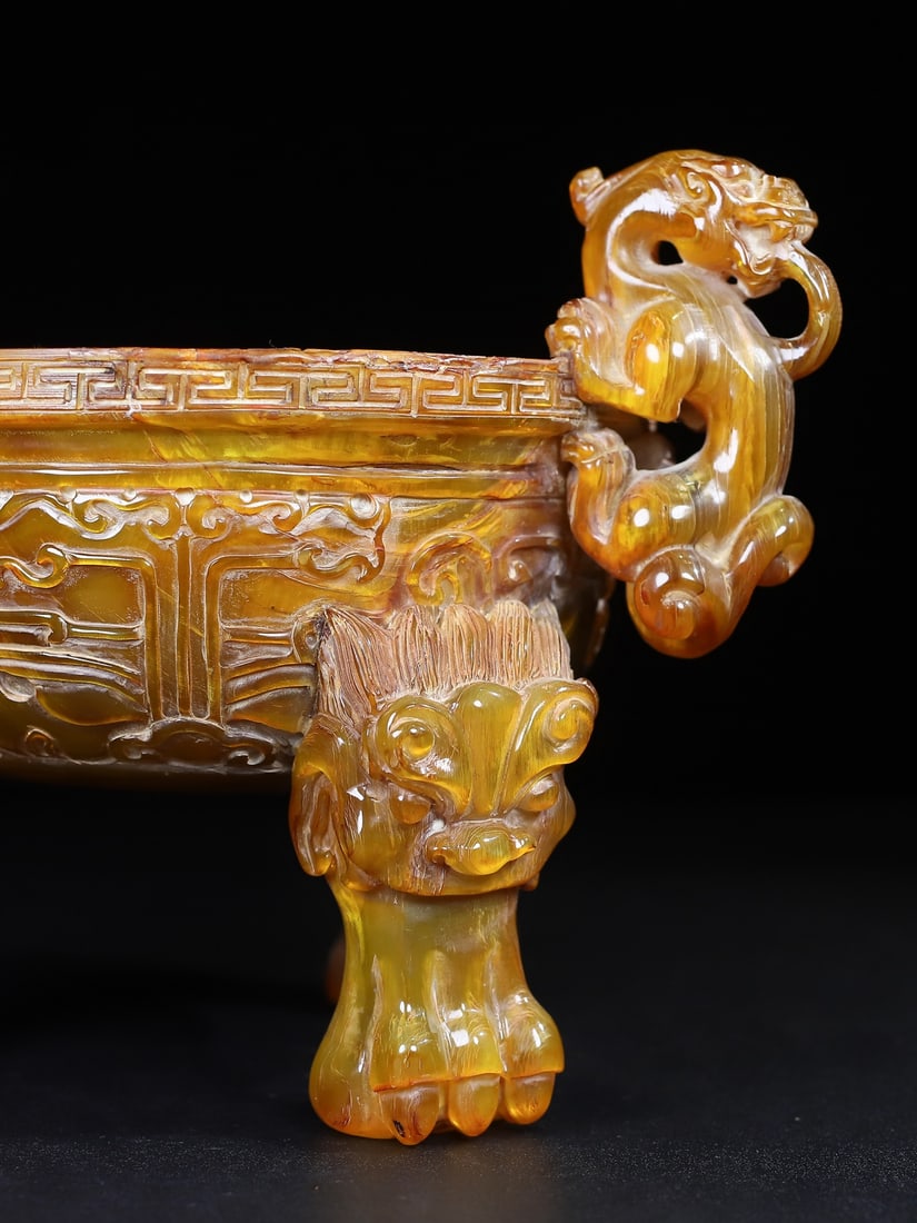 Vintage Hand Carved Ox Horn Chi Dragon Incense Burner - 8