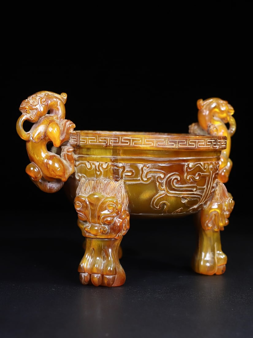 Vintage Hand Carved Ox Horn Chi Dragon Incense Burner - 9