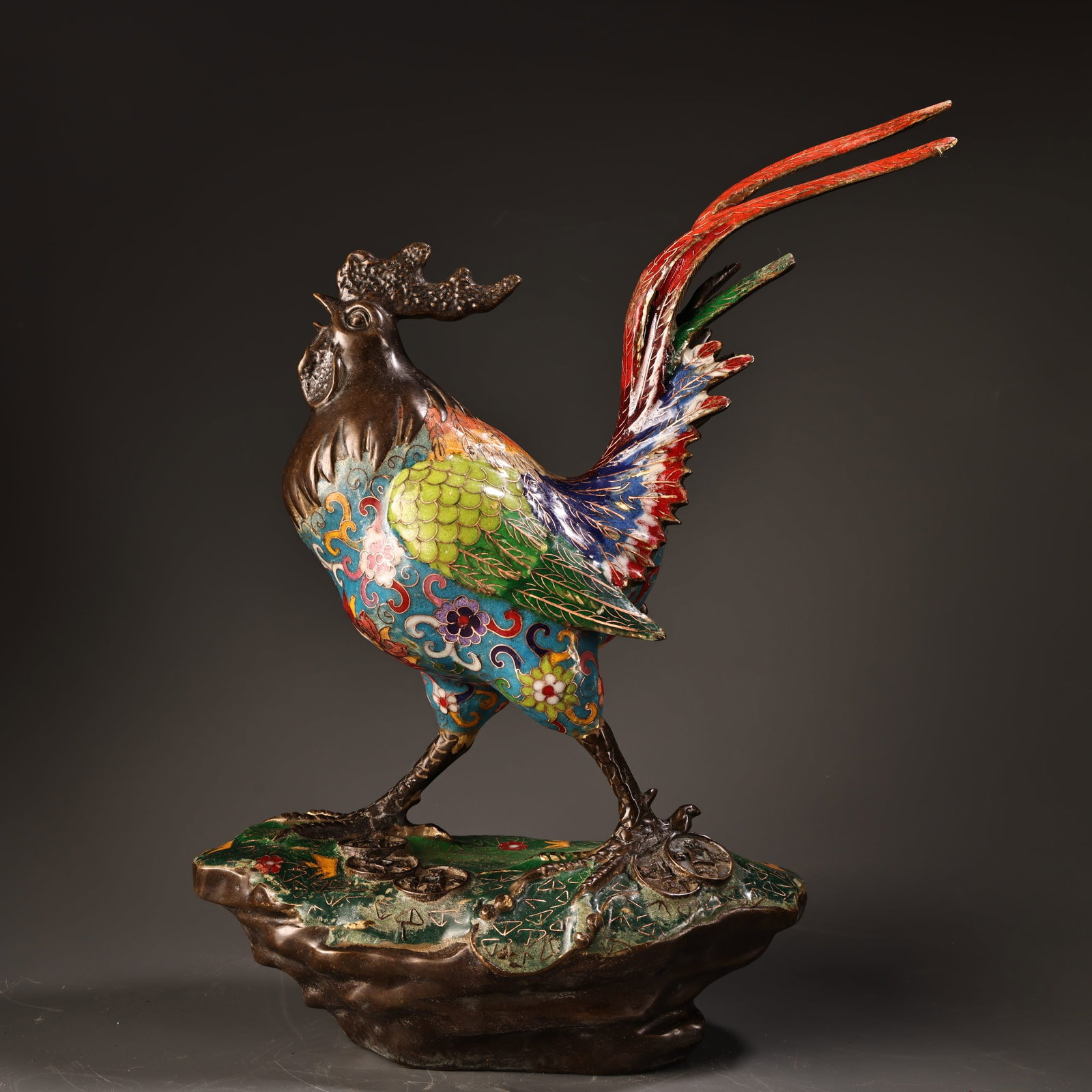 Old Chinese Bronze Cloisonne Rooster Statue - 10